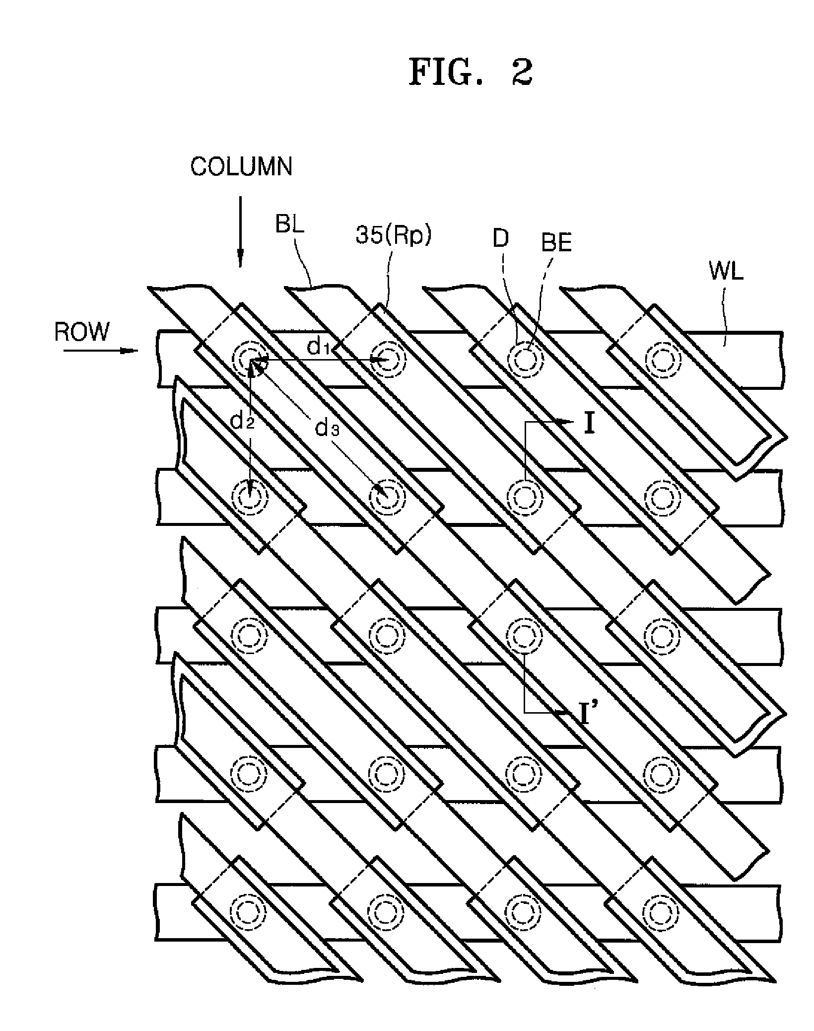 Phase-change memory device having phase change material pattern shared between adjacent cells and electronic product including the phase-change memory