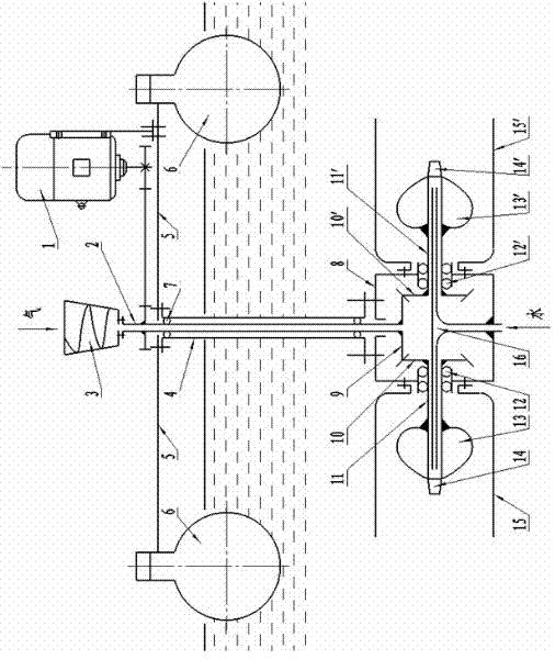 Symmetrically arranged propeller type self-air compression, self-air suction and self-water absorption aerator