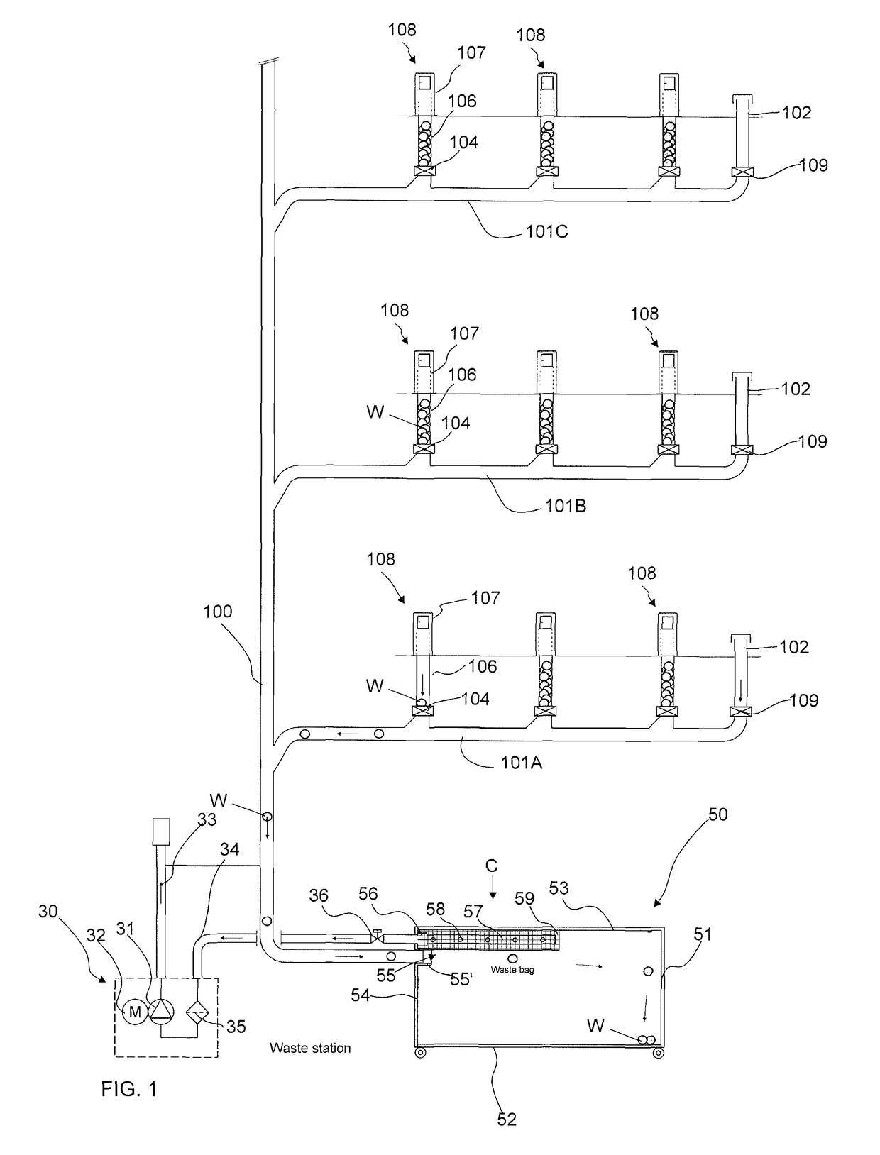 Method and apparatus in pneumatic materials handling and a waste container/separating device