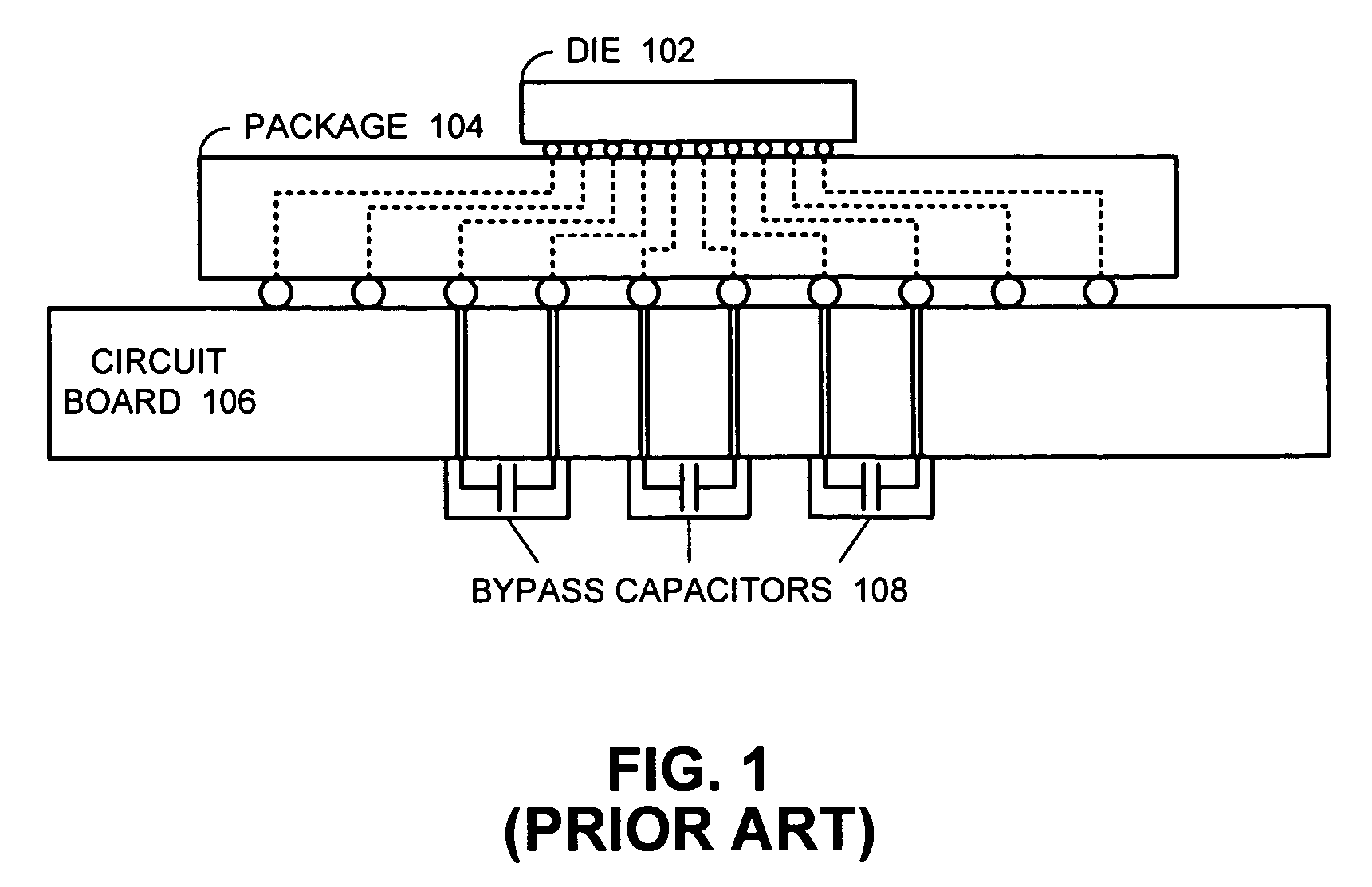 Semiconductor die package with internal bypass capacitors