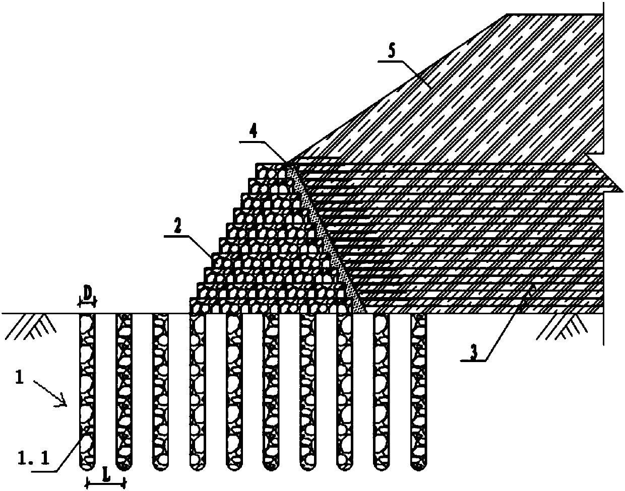 Retaining wall structure with composite foundation and reinforced gabions and construction method