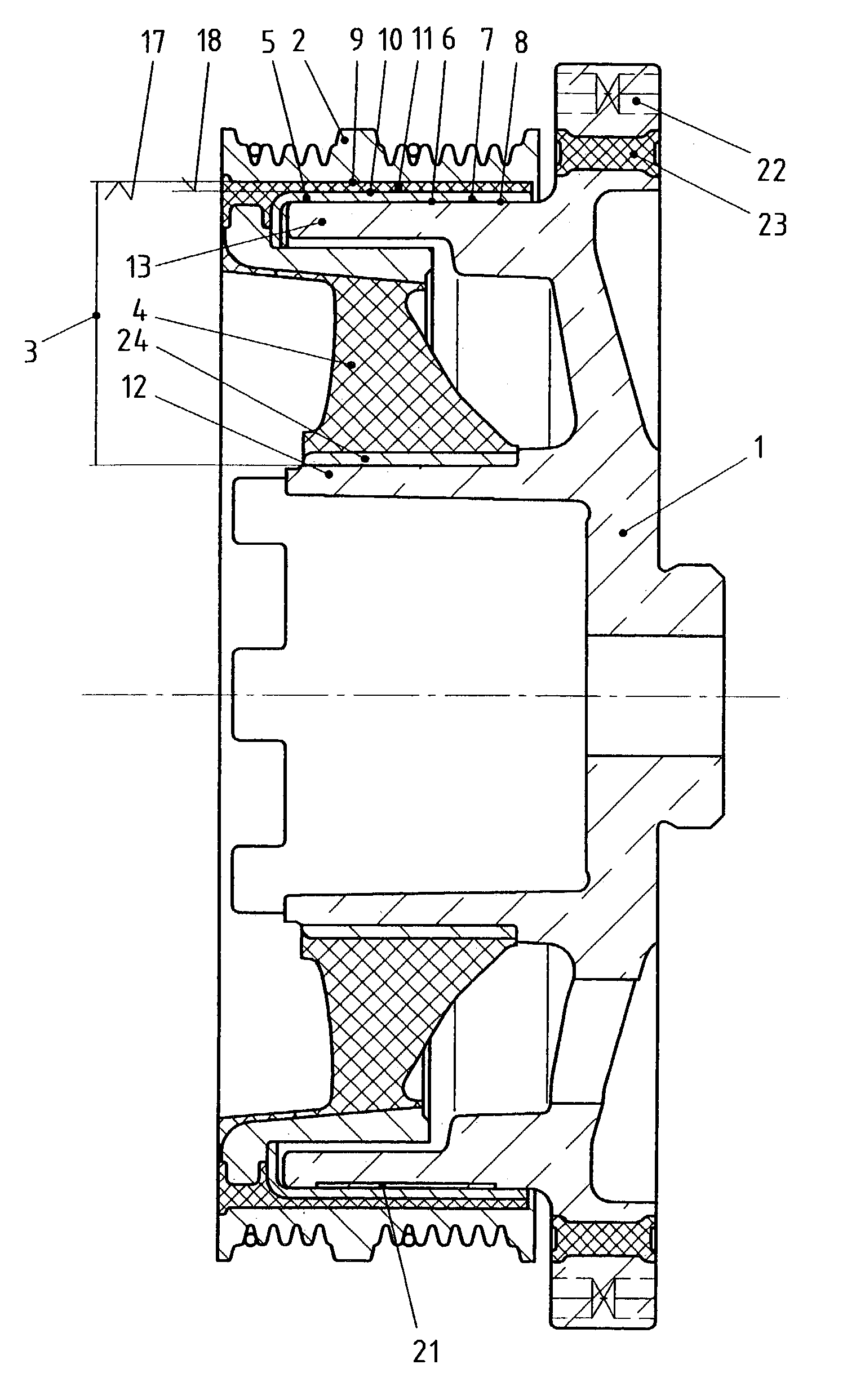 Torsionally flexible coupling, a mold, and a method of producing same