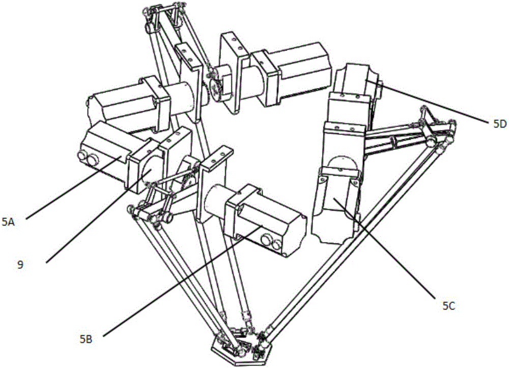 Transfer robot with symmetrically arranged driven arms and reconstructible degrees of freedom