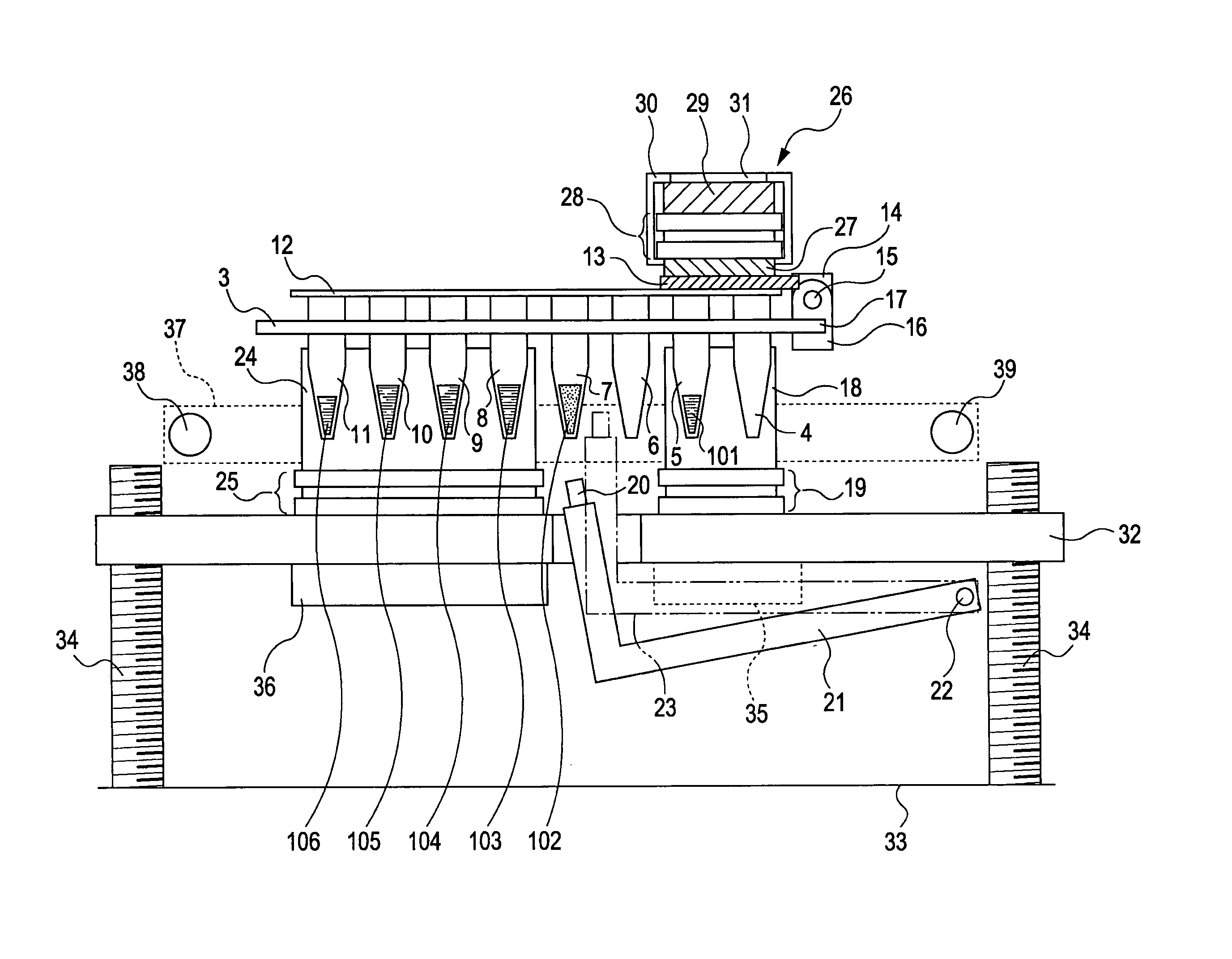 Apparatus for performing biochemical processing using a container with a plurality of wells and the container for the apparatus