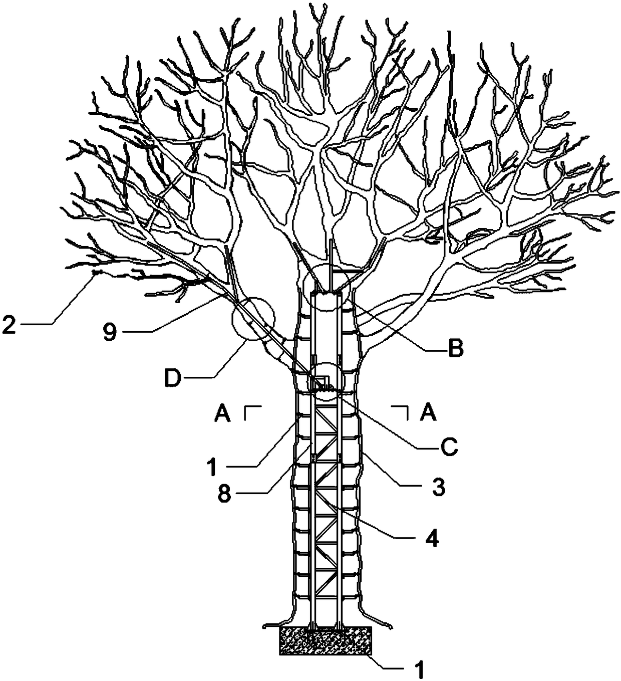 Prefabricated cement-engraving simulated tree and construction technology thereof