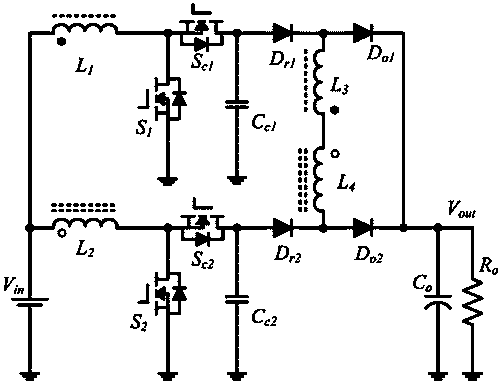 High step-up ratio converter for DC (Direct Current) module on basis of coupled inductors