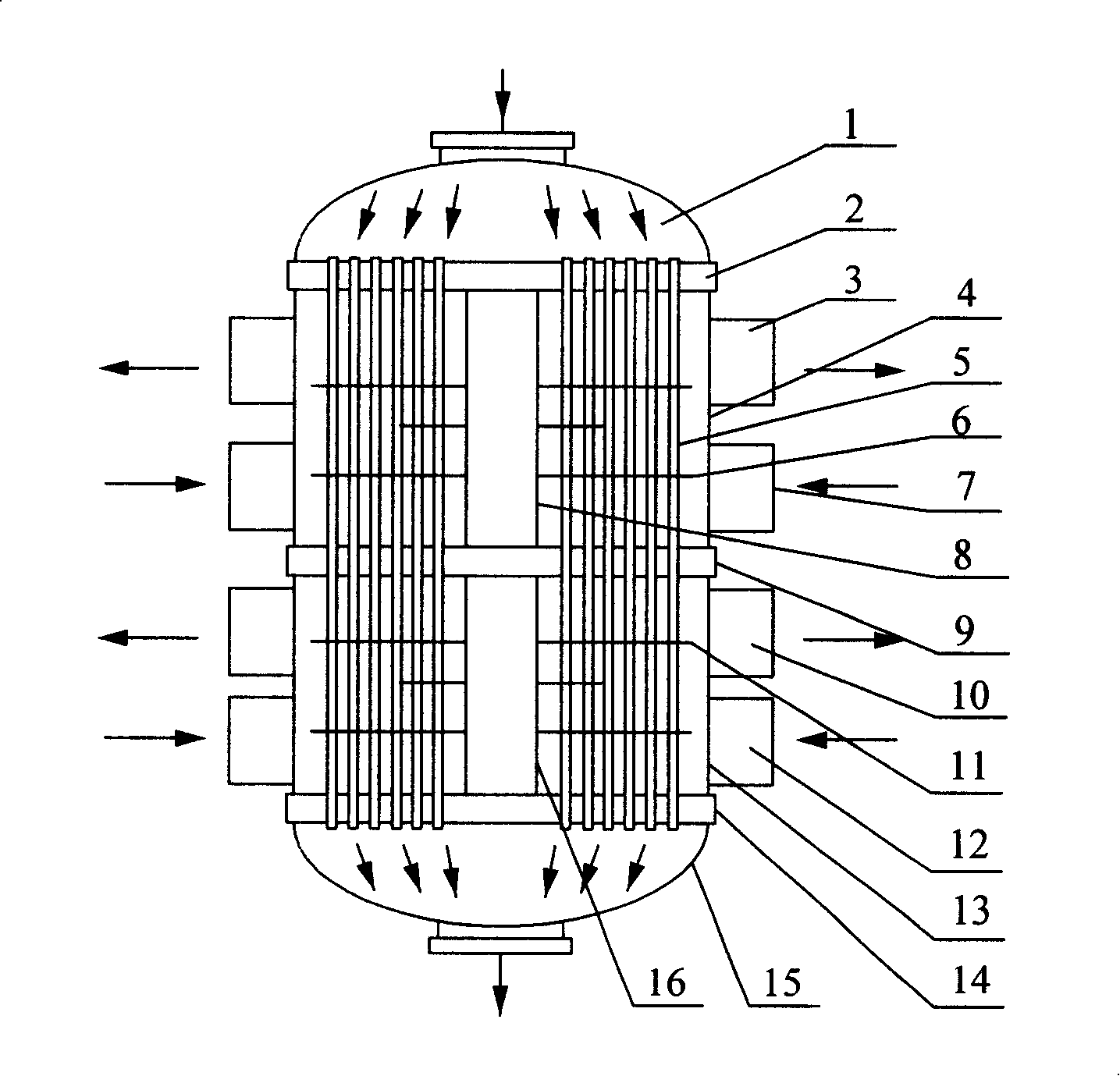 Shell pass multi-cavity type multi-layer bed fixed bed reactor