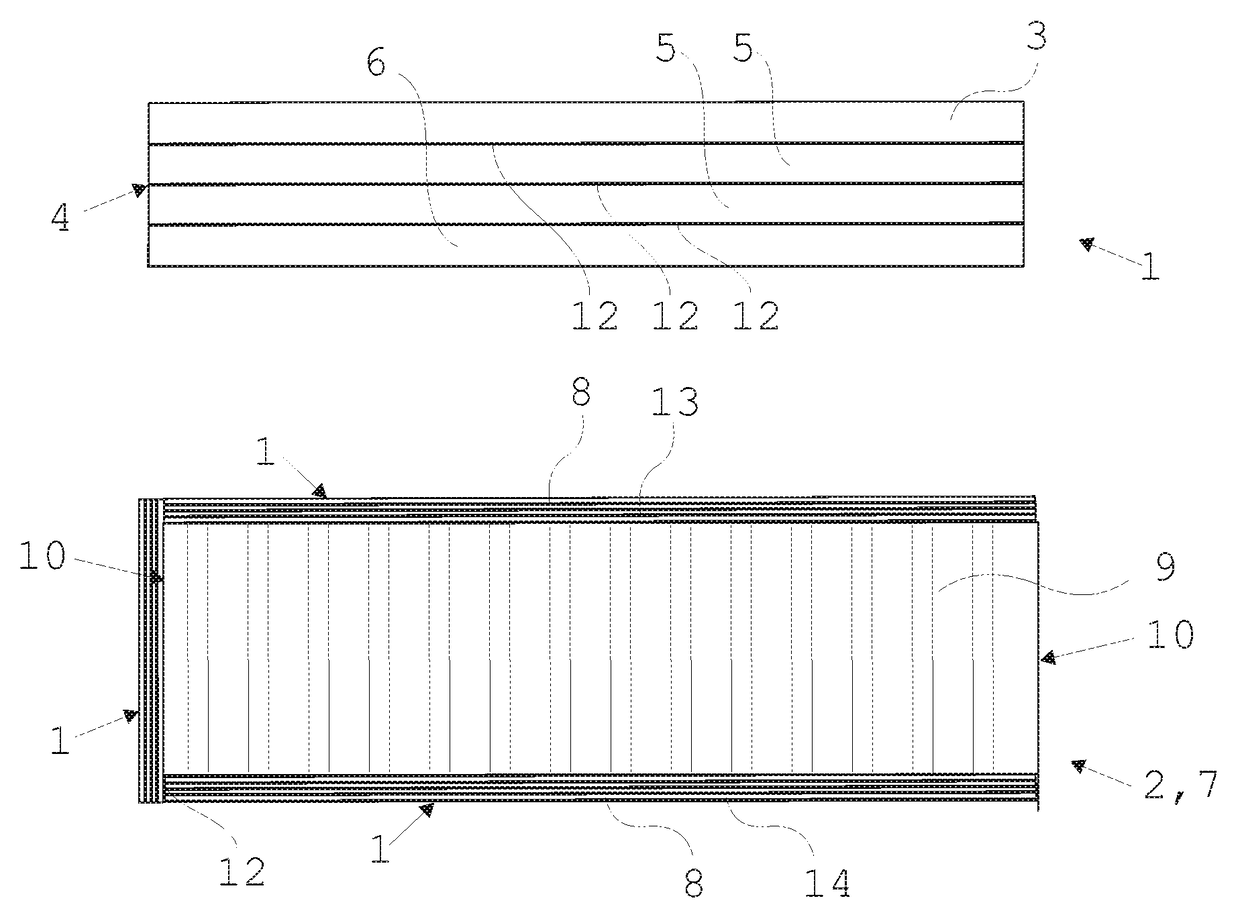 Fire-retardant edge material for panels, corresponding sandwich panel, and fire-retardant cover layer