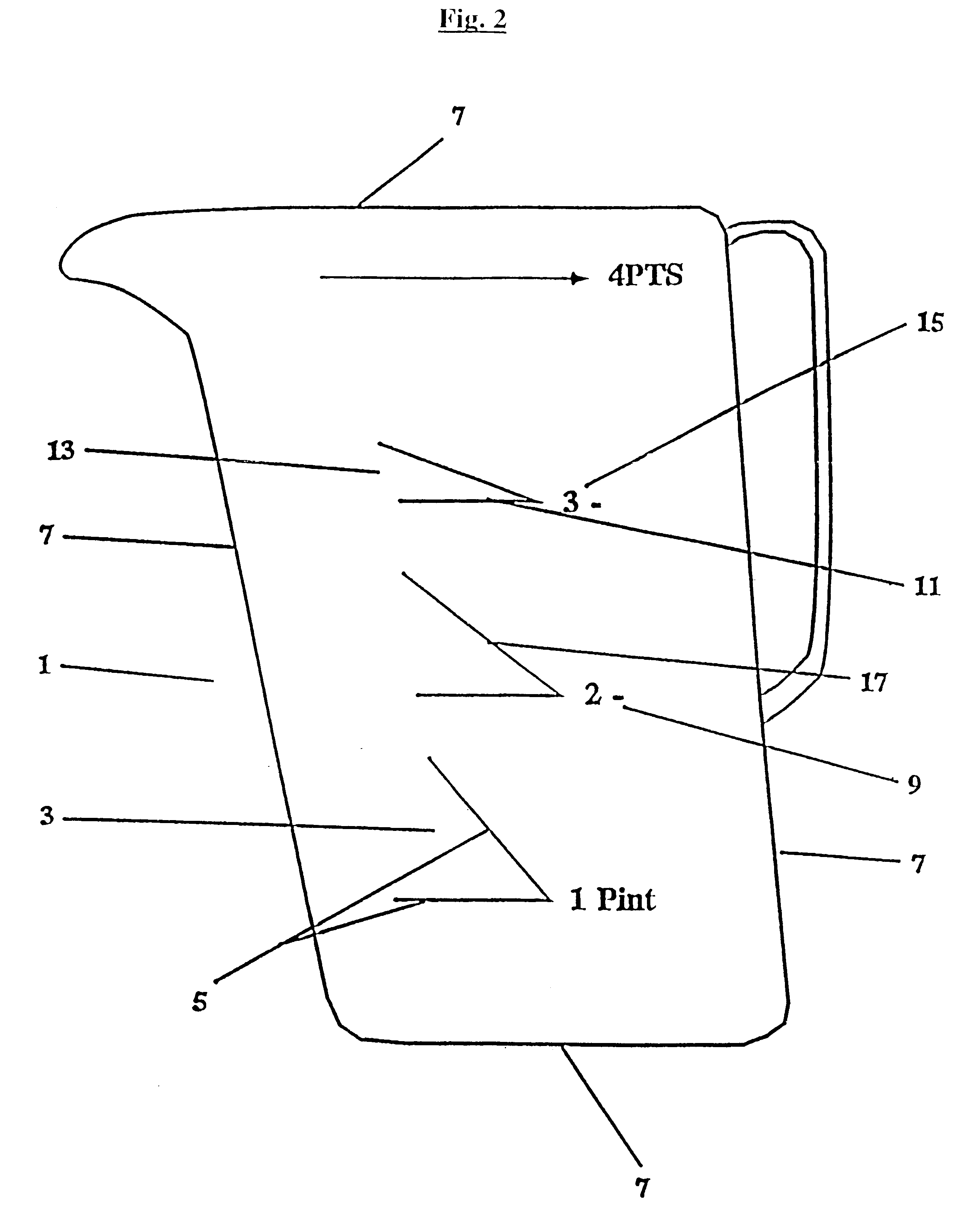 Measuring receptacle having angled lines