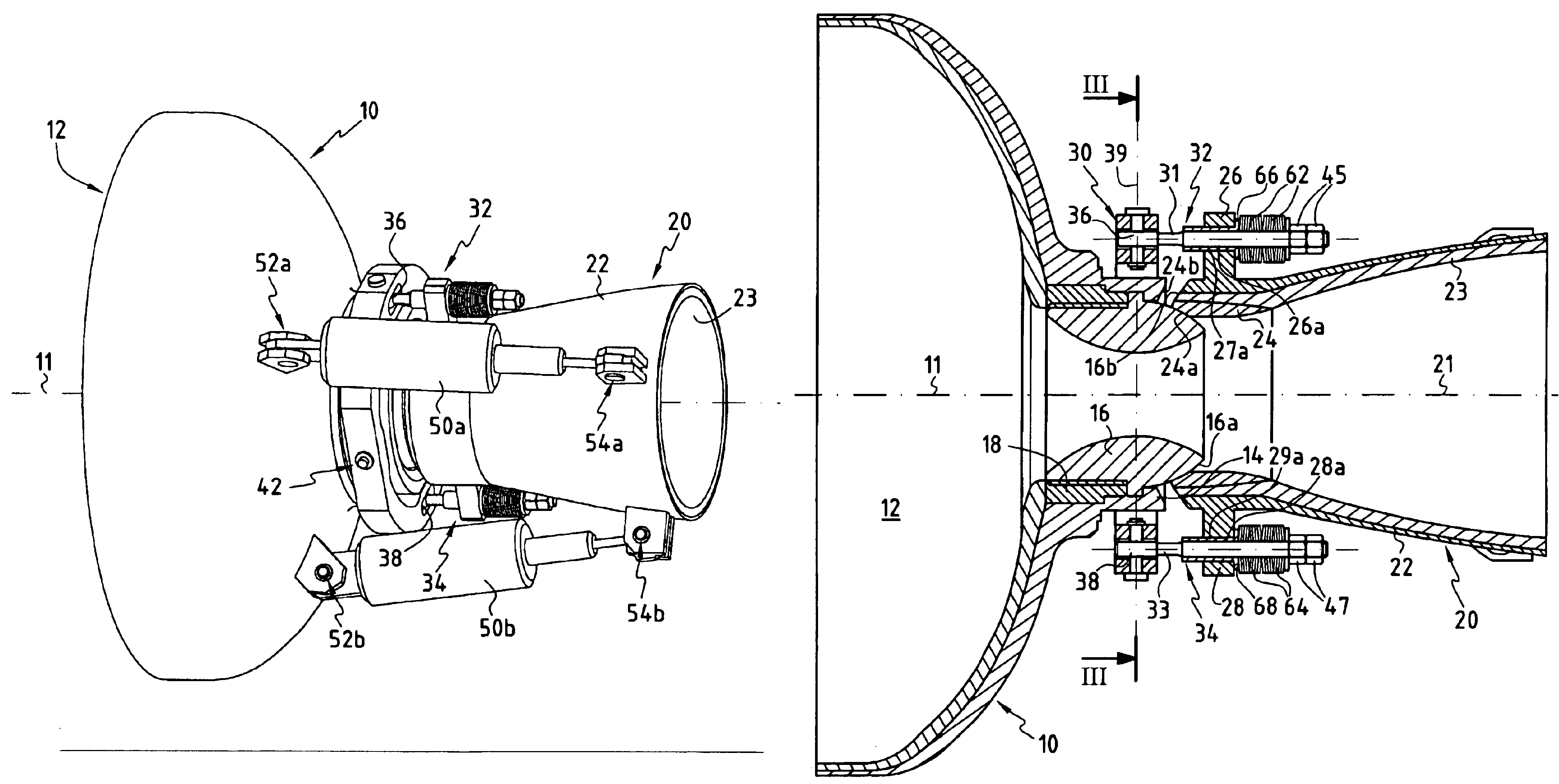 Rocket engine nozzle that is steerable by means of a moving diverging portion on a cardan mount