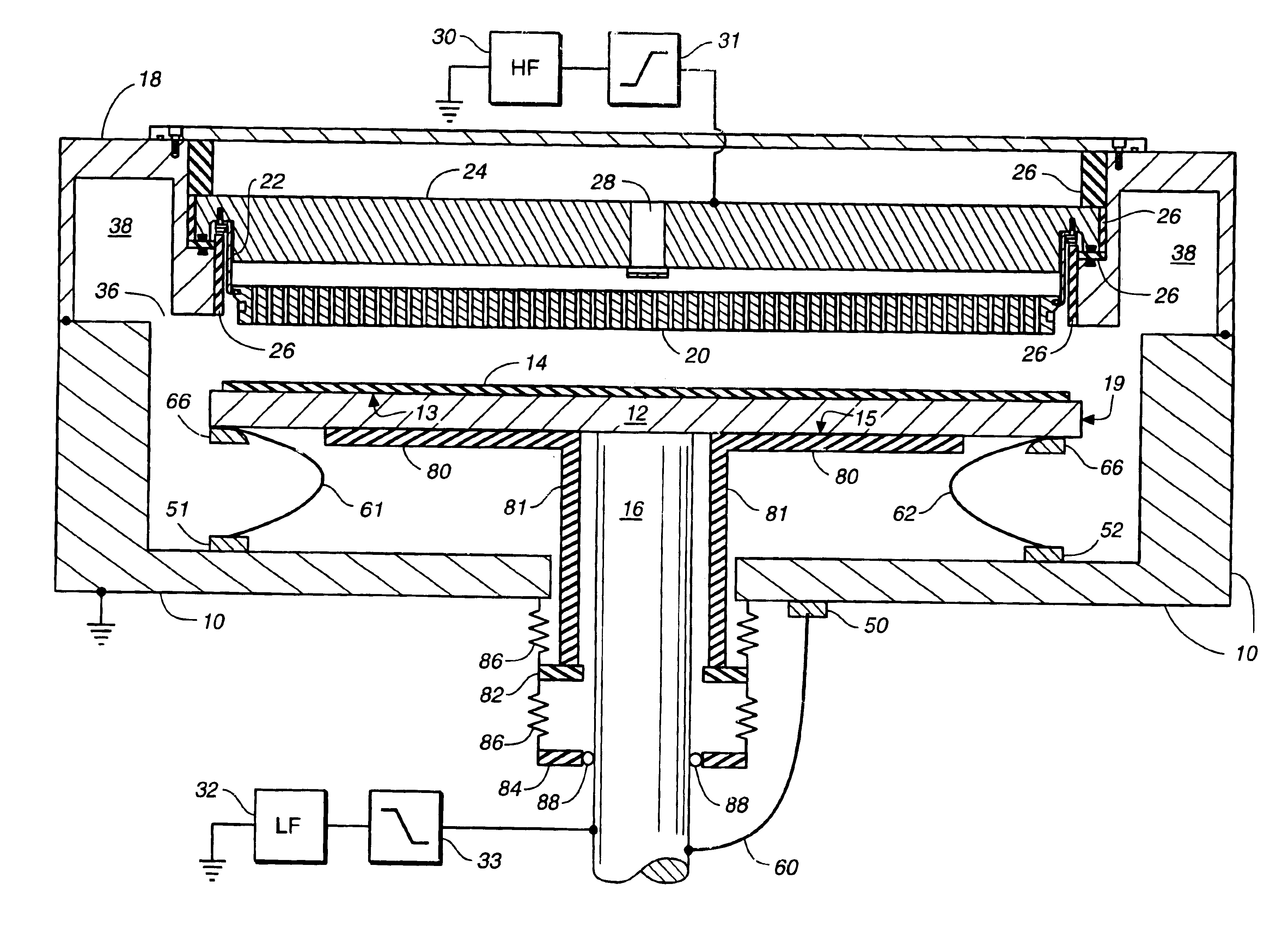 Multiple frequency plasma chamber with grounding capacitor at cathode
