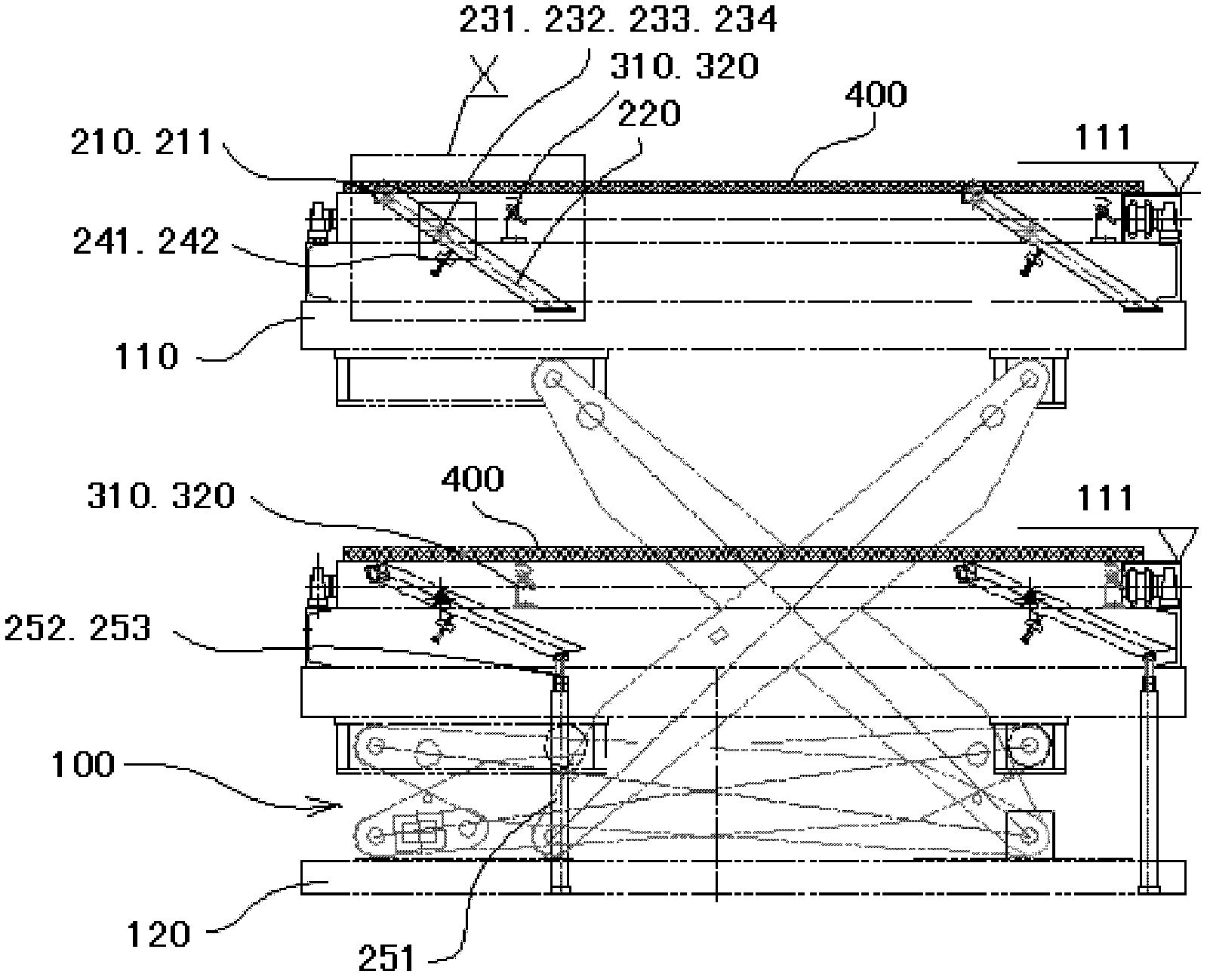 Automatic baffle plate device for lifting roller table conveyor for producing manmade board