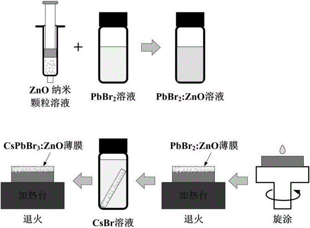 Perovskite CsPbBr3 thin film modified by zinc oxide nanoparticles and application of perovskite CsPbBr3 thin film