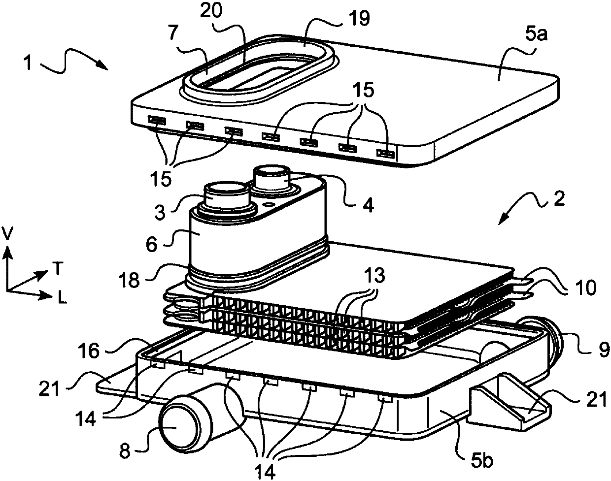 Heat exchanger and thermal management facility for batteries of electric or hybrid vehicles