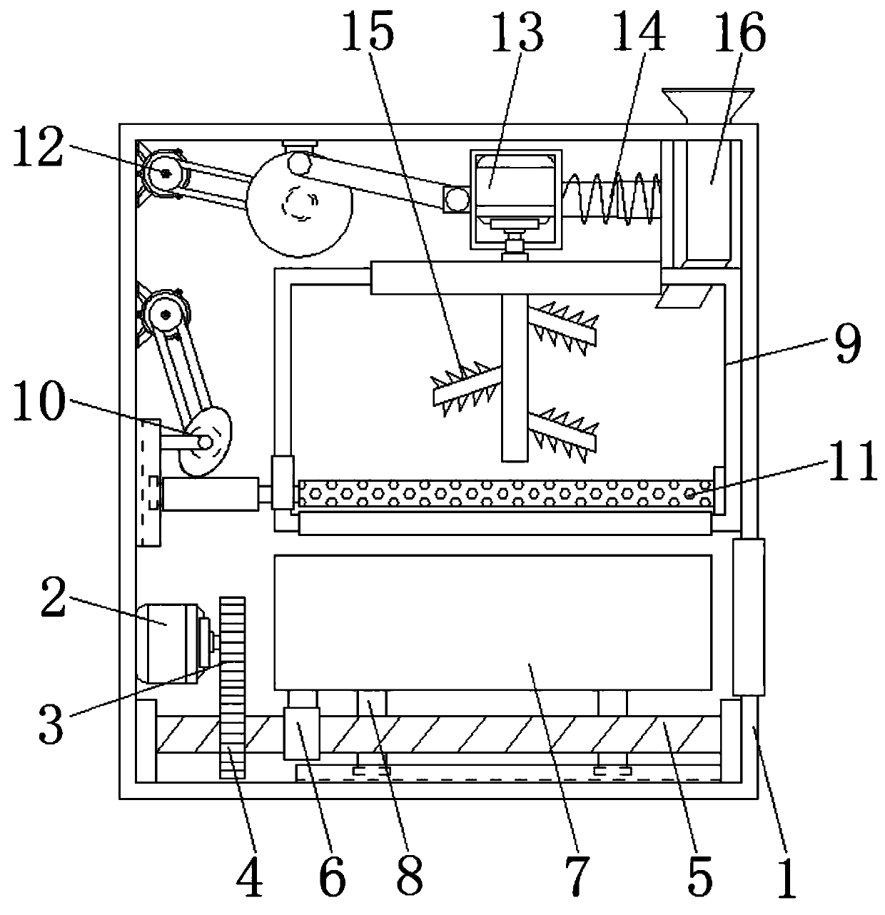 A convenient mushroom wood crushing and screening device for discharging