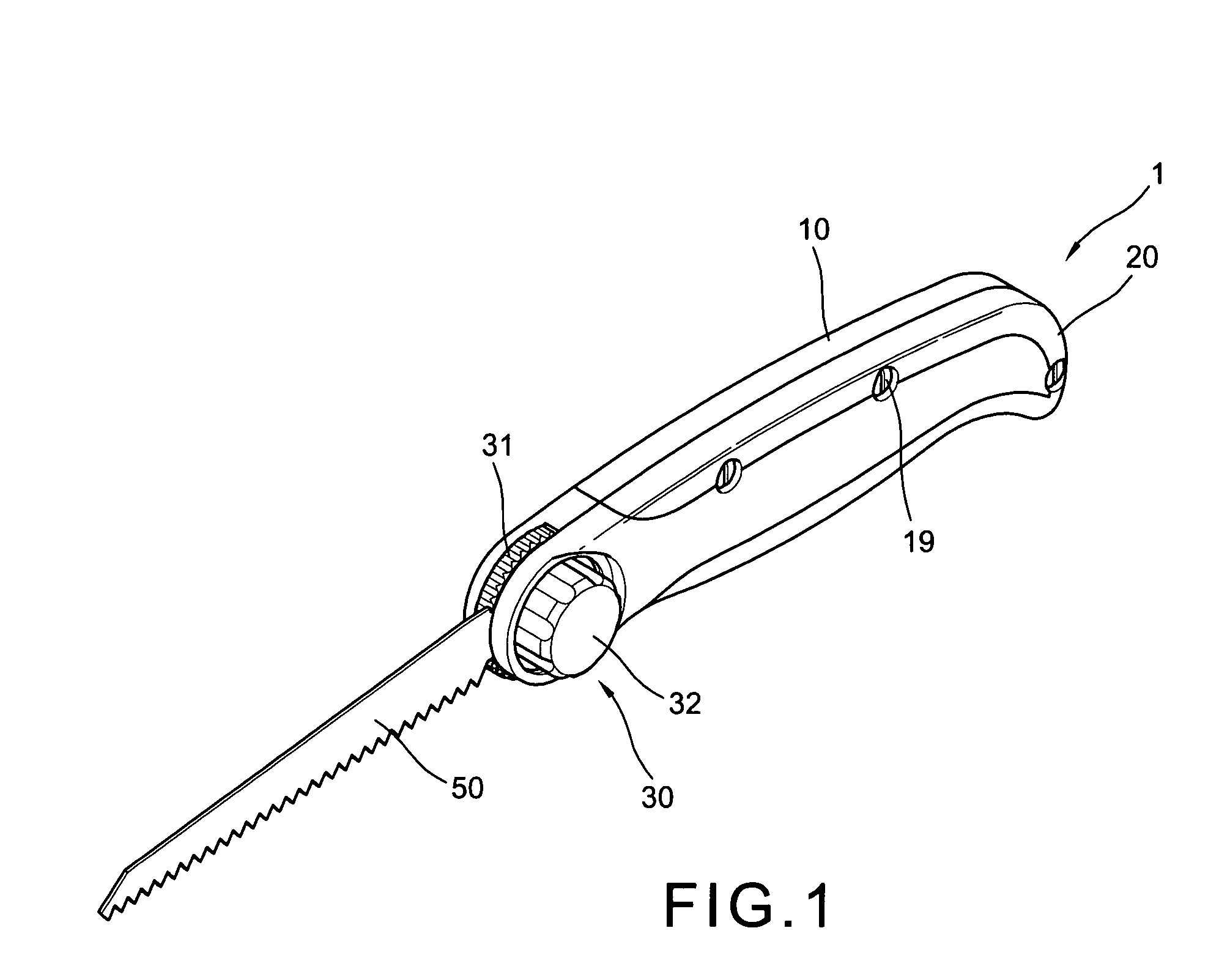 Angular adjustment device in the handle of a handsaw