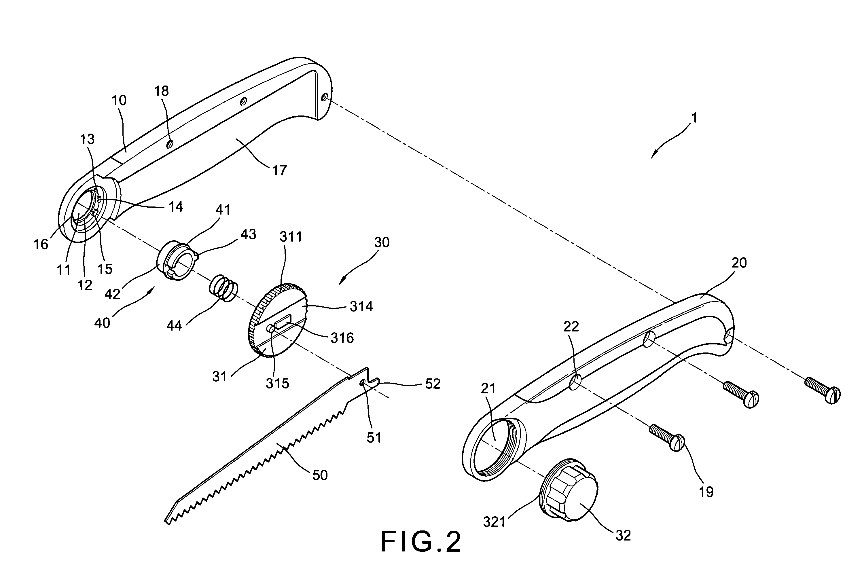Angular adjustment device in the handle of a handsaw