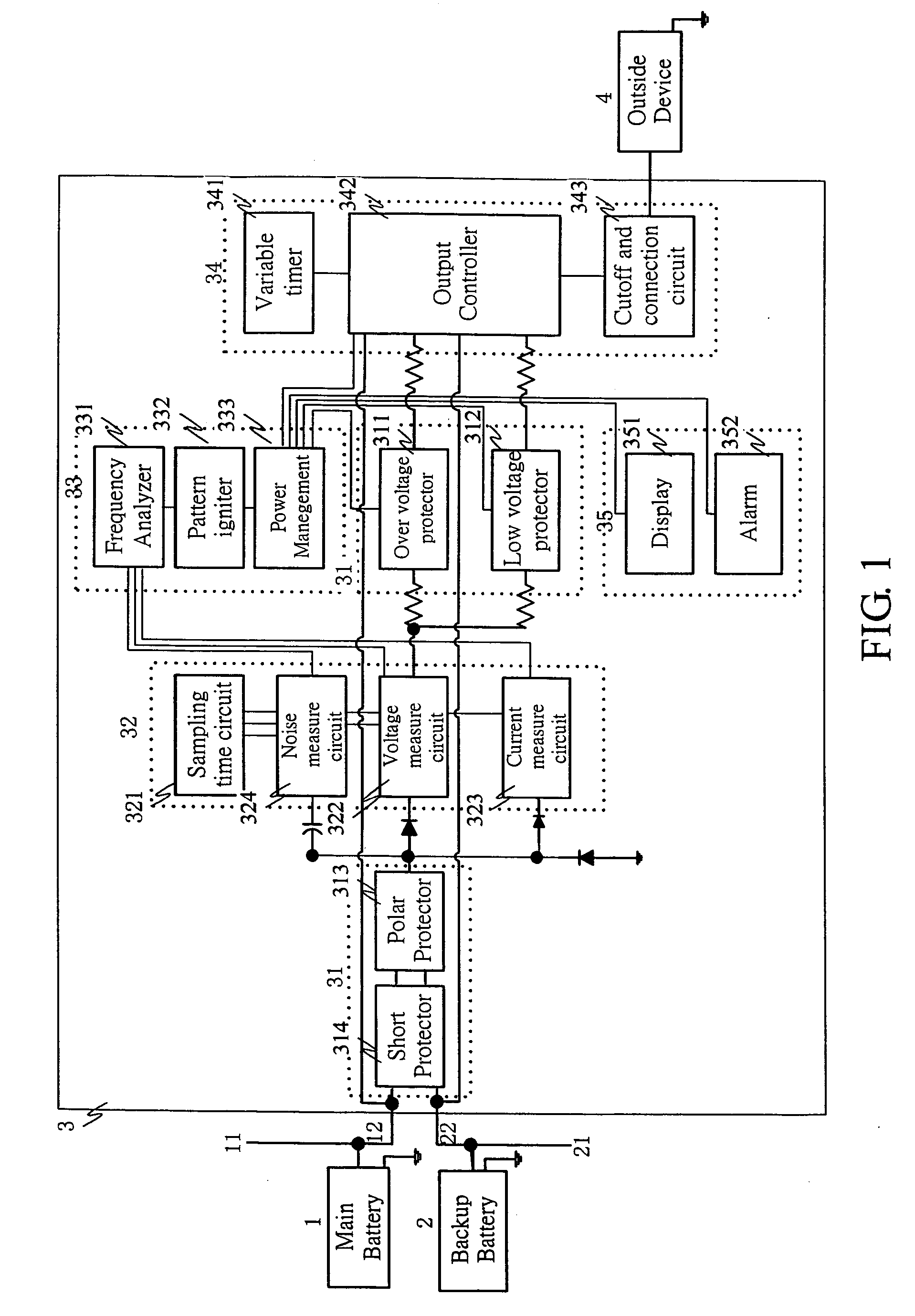 Method and device for vehicle battery protection with battery power source noise pattern analysis