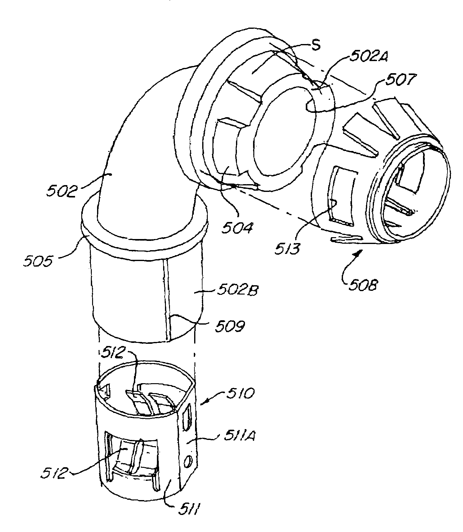 Electrical connector having an outlet end angularly disposed relative an inlet end with outer retainer ring about the outlet end and internal unidirectional conductor retainer in the inlet end
