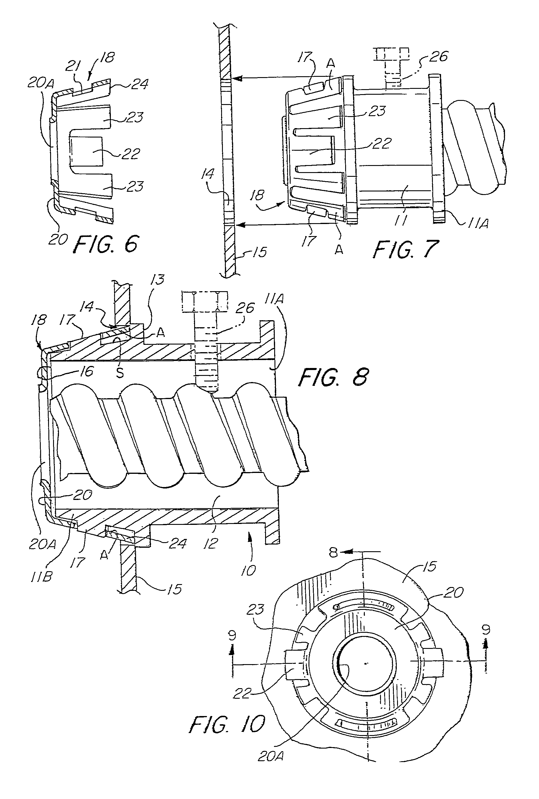 Electrical connector having an outlet end angularly disposed relative an inlet end with outer retainer ring about the outlet end and internal unidirectional conductor retainer in the inlet end