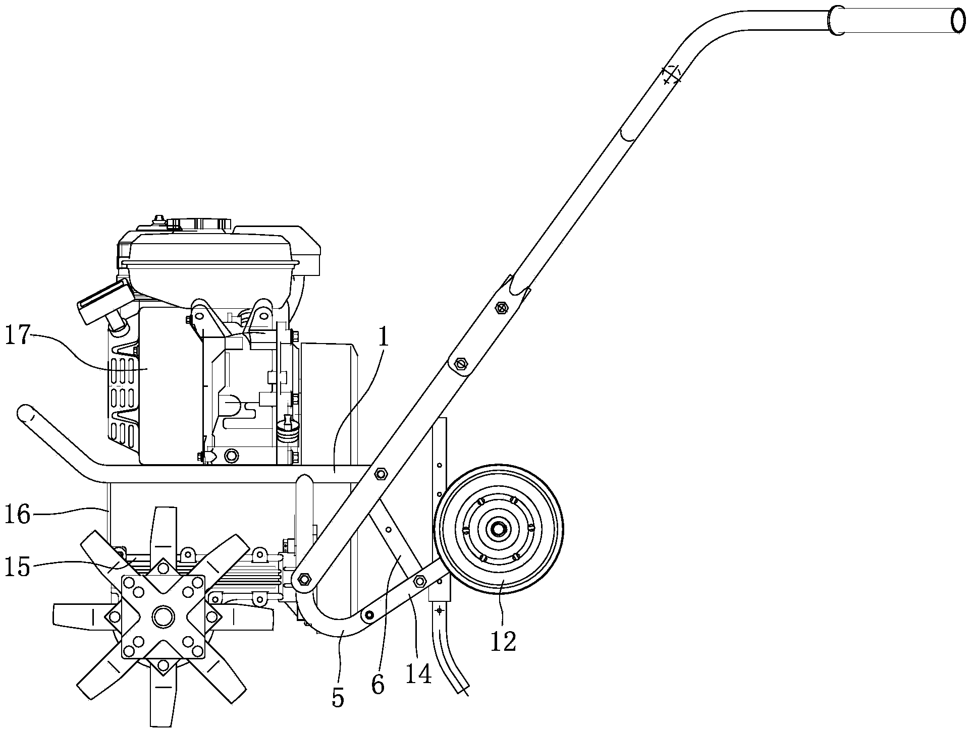 Portable mini tiller rear wheel assembly engine and screw transmission box arrangement structure