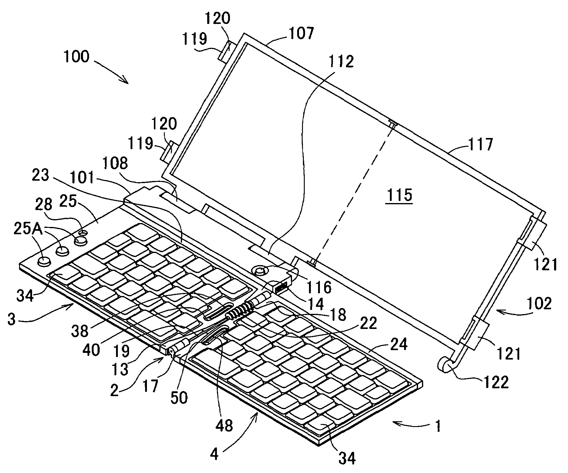 Foldable display, input device provided with the display and foldable keyboard, and personal computer provided with the input device