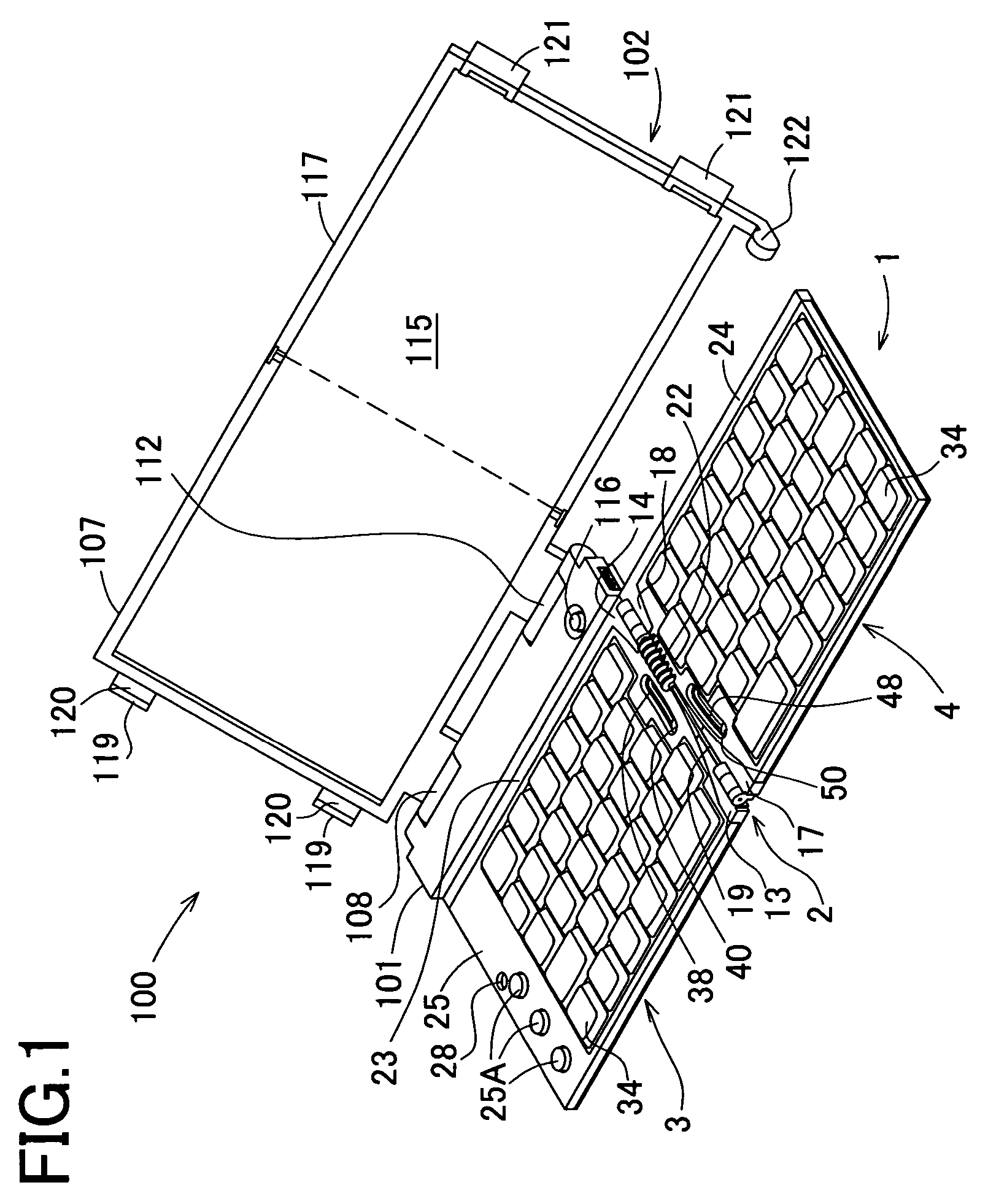 Foldable display, input device provided with the display and foldable keyboard, and personal computer provided with the input device