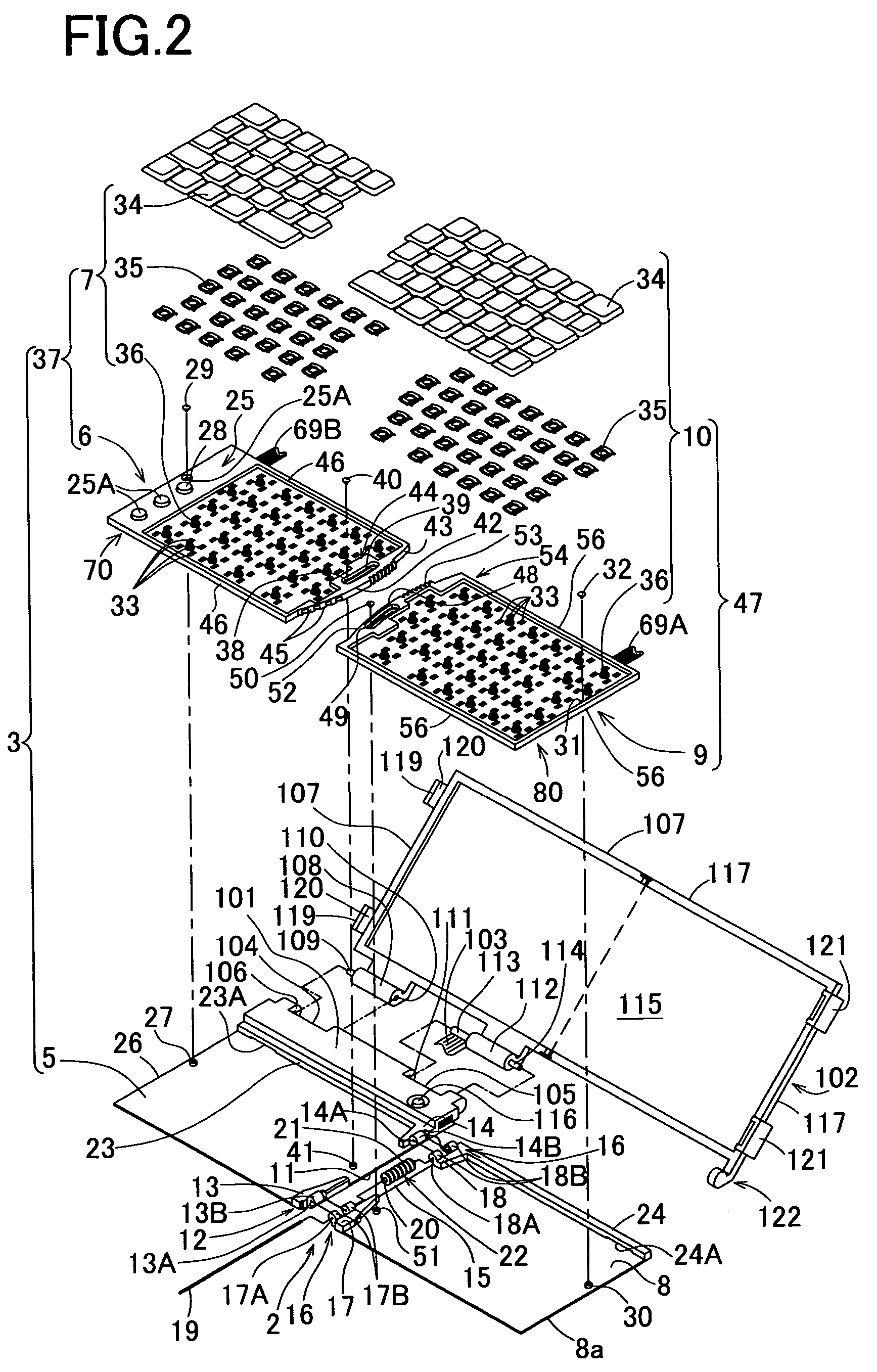 Foldable display, input device provided with the display and foldable keyboard, and personal computer provided with the input device