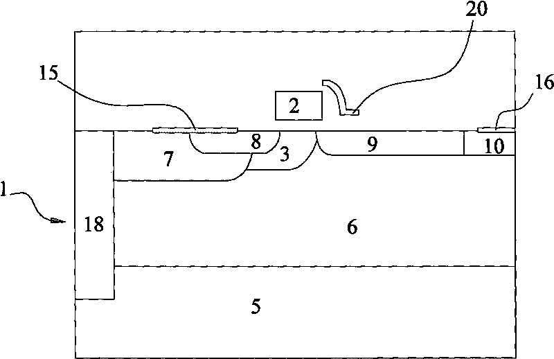 LDMOS device with transverse diffusing buried layer below grid