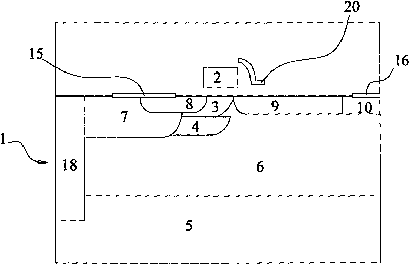 LDMOS device with transverse diffusing buried layer below grid