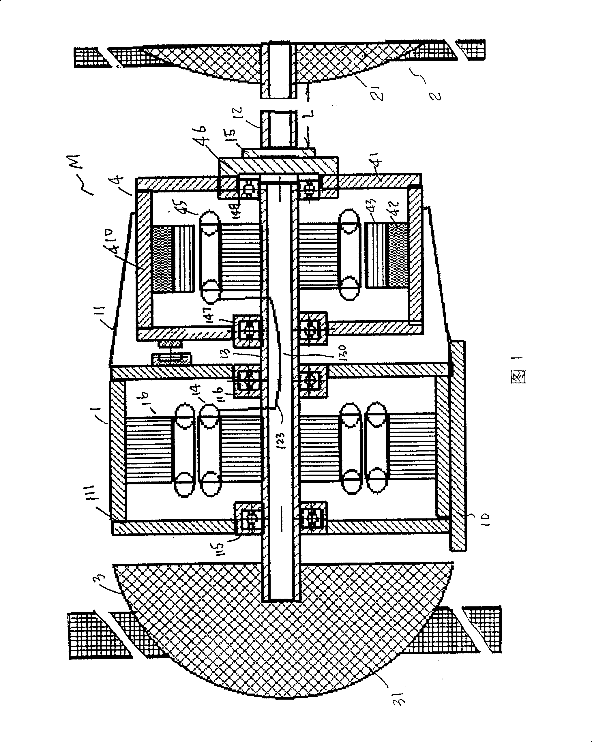 Tandem type wind electrical motor with dual rotors, and speed changing, frequency converting excitation system