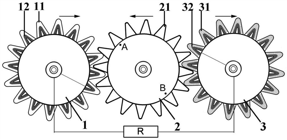 A gear meshing structure DC rotating friction nano power generation device