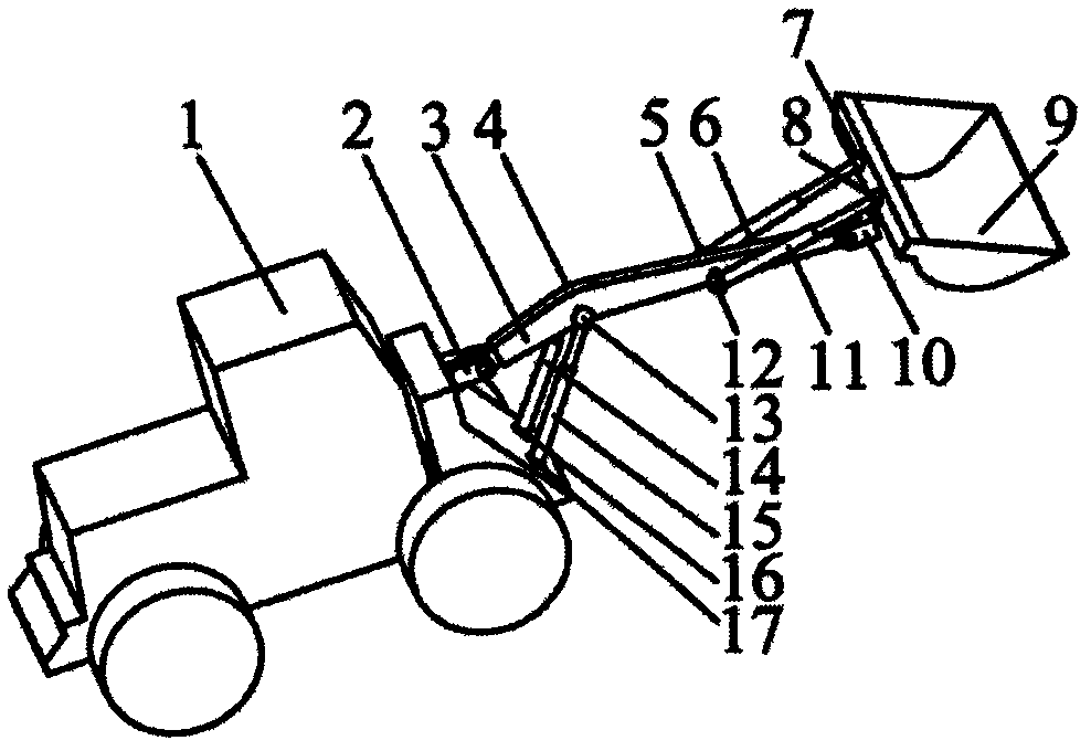 Spatial hydraulic loader with two-motion-range movable arm and two-motion-range scraper pan