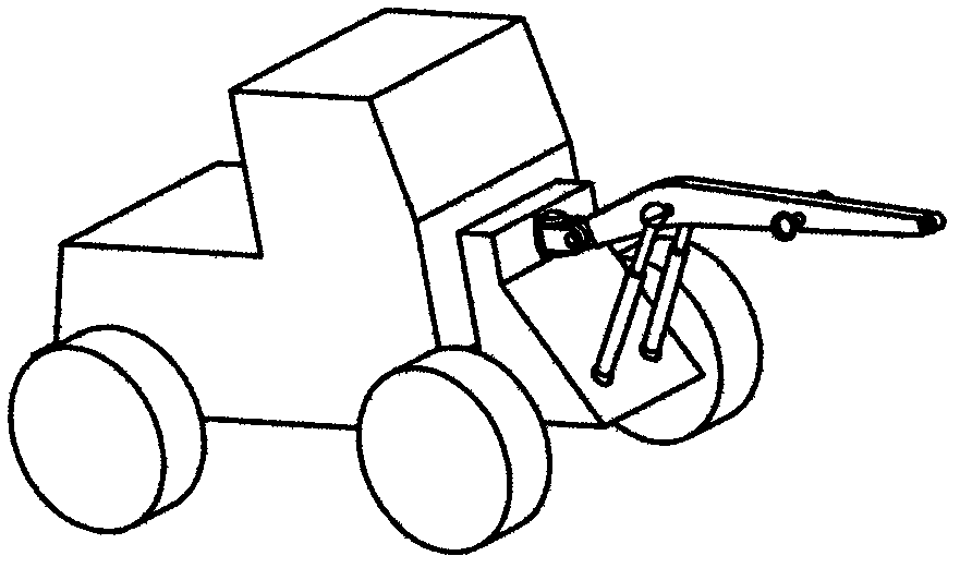 Spatial hydraulic loader with two-motion-range movable arm and two-motion-range scraper pan