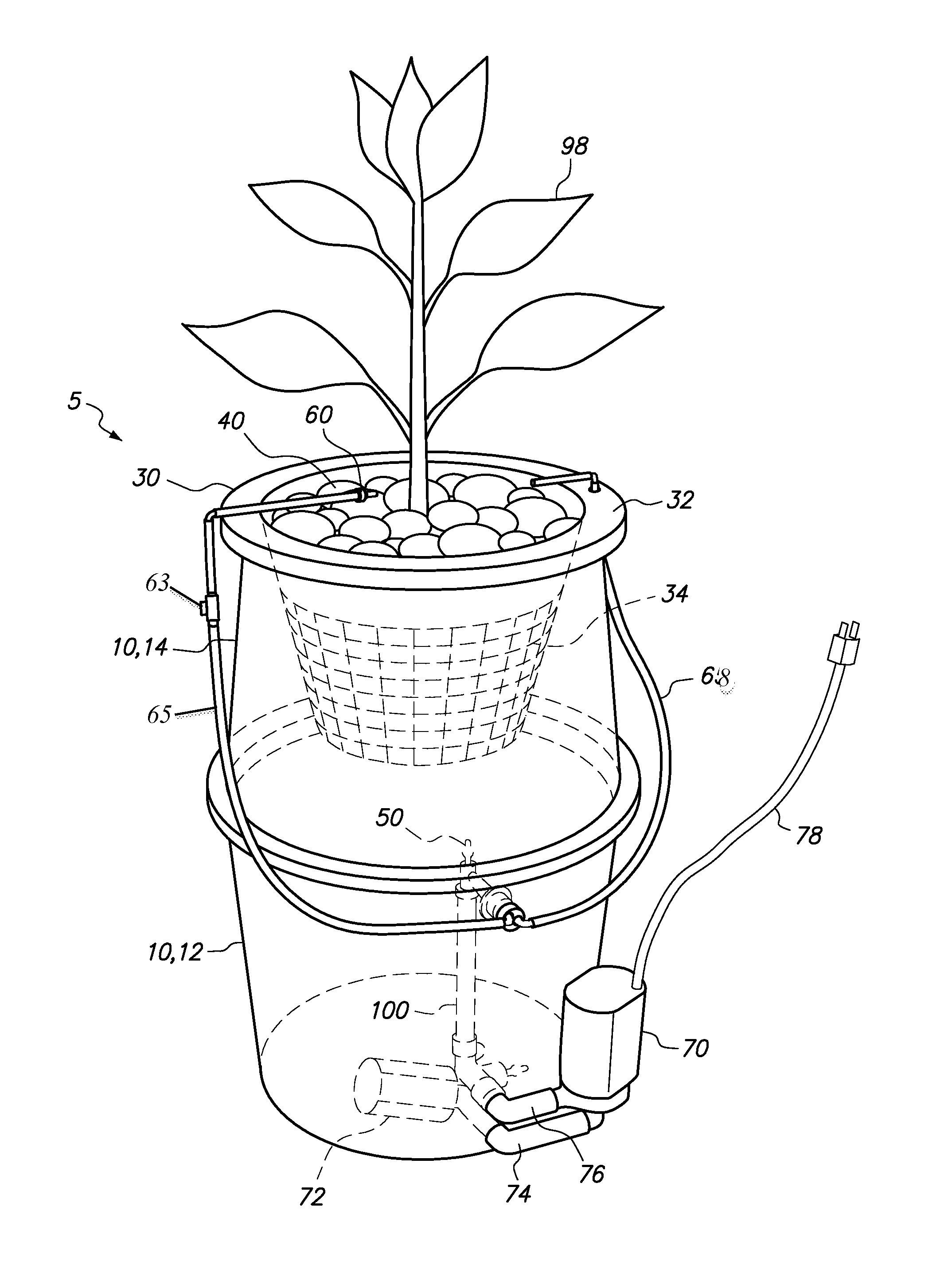 Hydroponic plant container with highly oxygenated nutrient solution using continuous air injection and continuous coriolis effect mixing