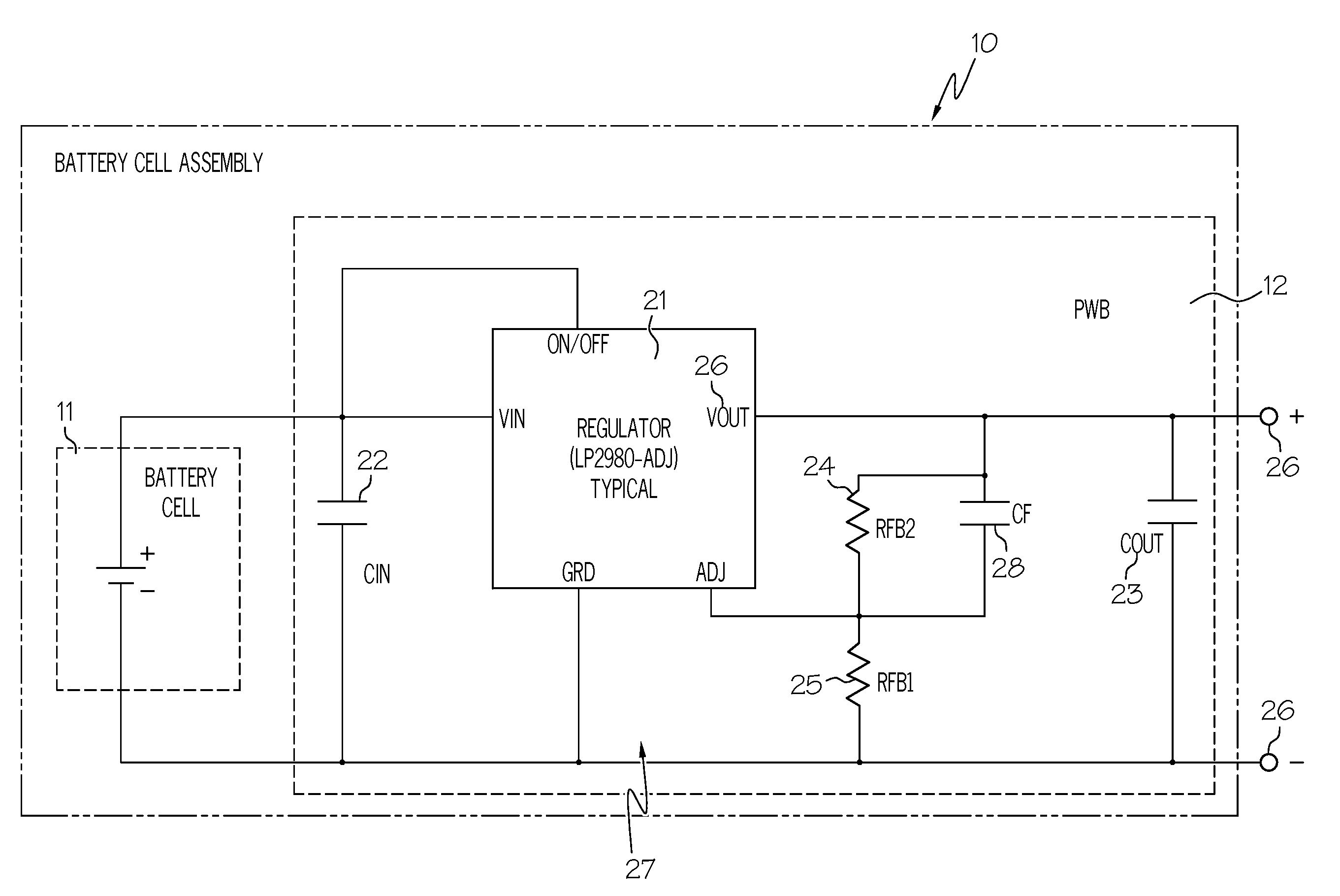 Primary battery with internal voltage regulator