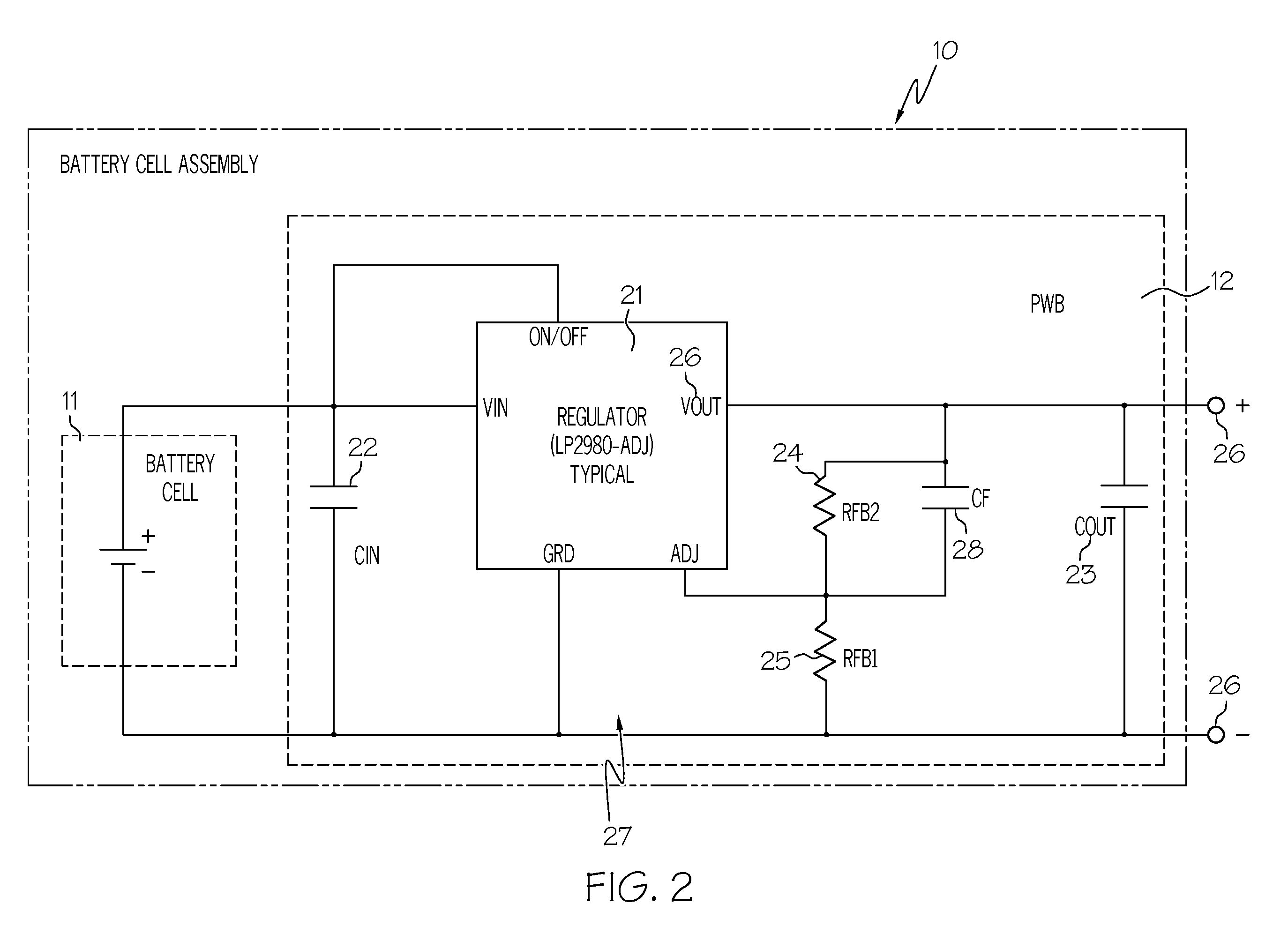 Primary battery with internal voltage regulator