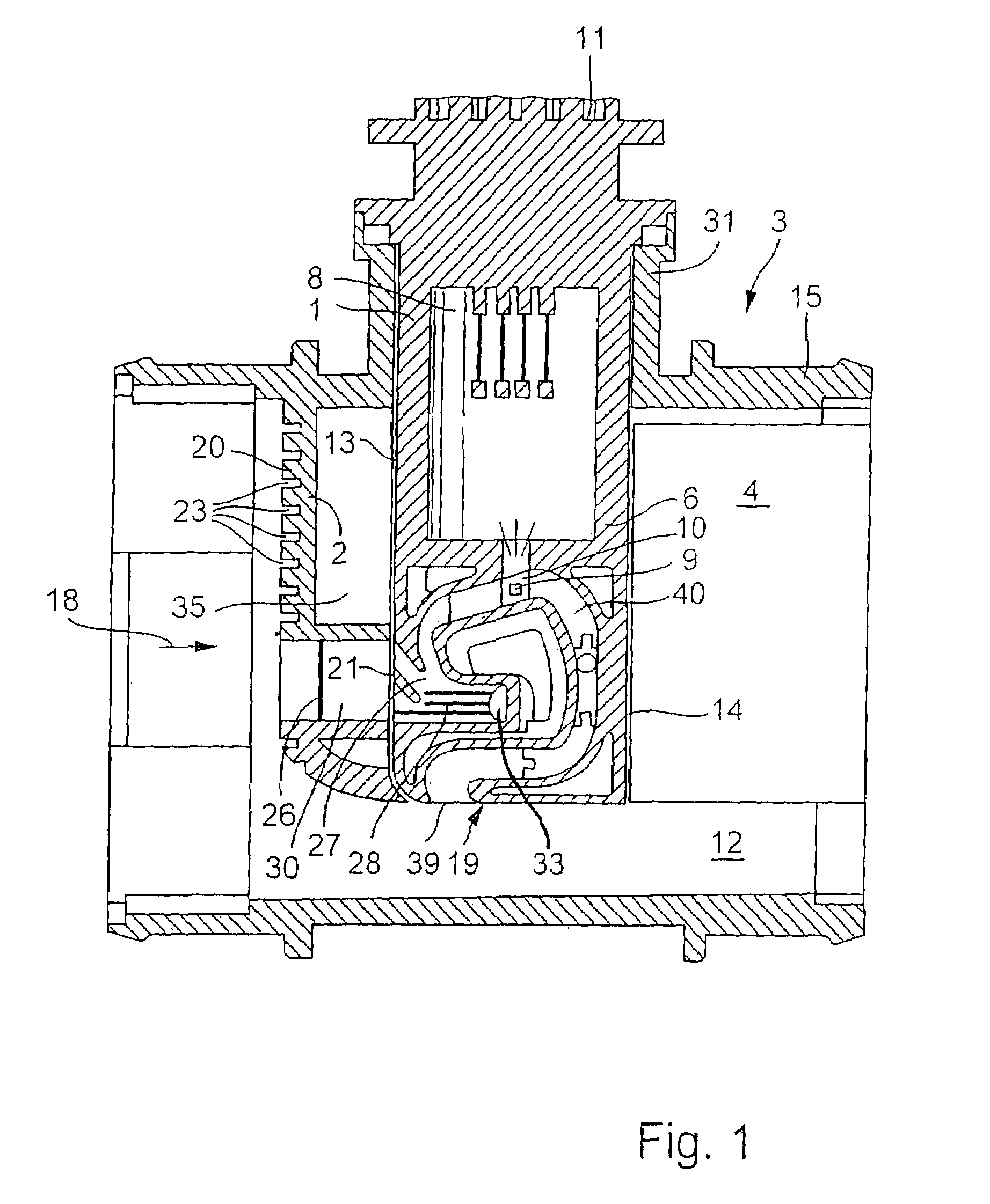 Device for determining at least one parameter of a medium flowing in a line having diversion surface