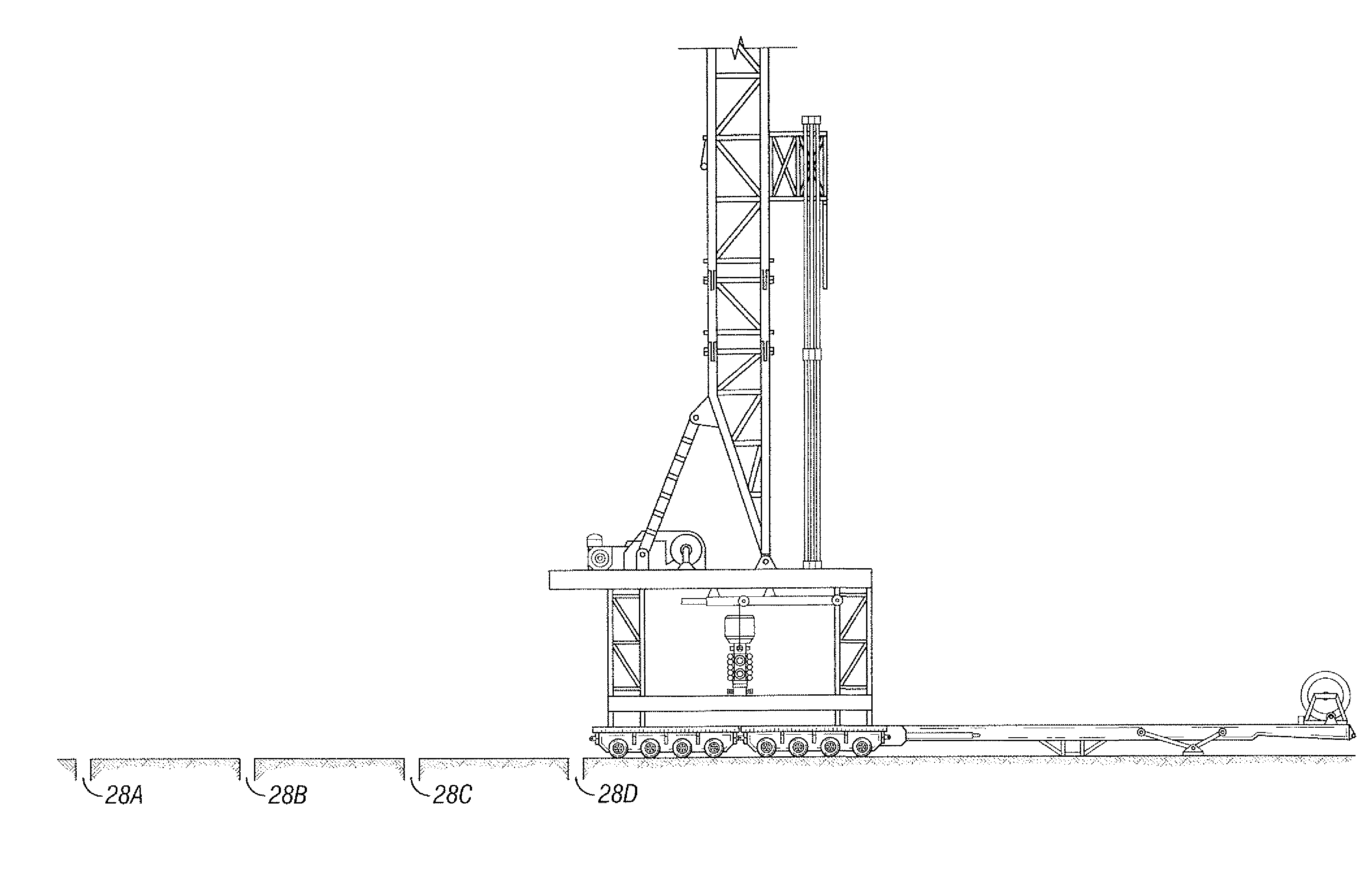 Drilling rig with hinged, retractable outriggers