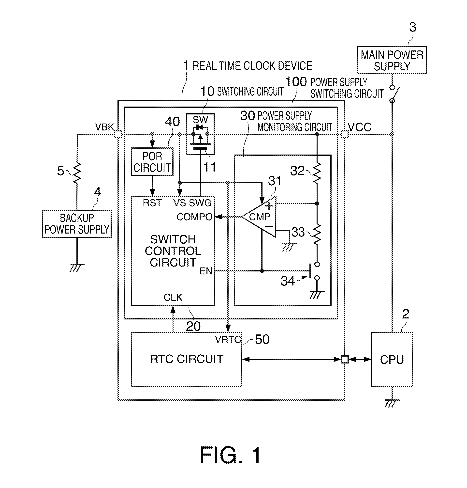 Power supply switching circuit, real time clock device, electronic apparatus, mobile unit, and method of controlling power supply switching circuit