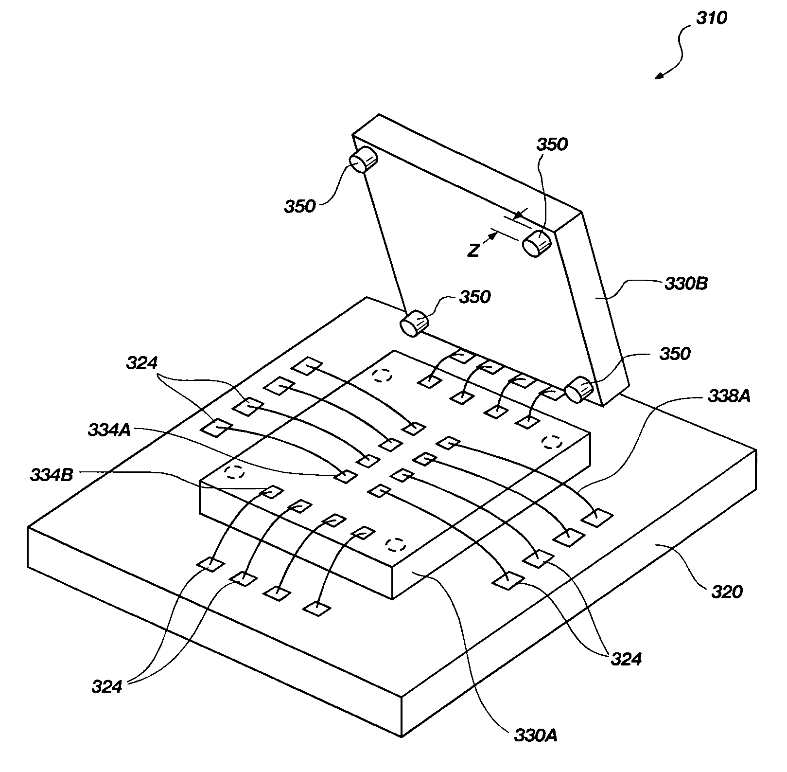 Assemblies and multi-chip modules including stacked semiconductor dice having centrally located, wire bonded bond pads