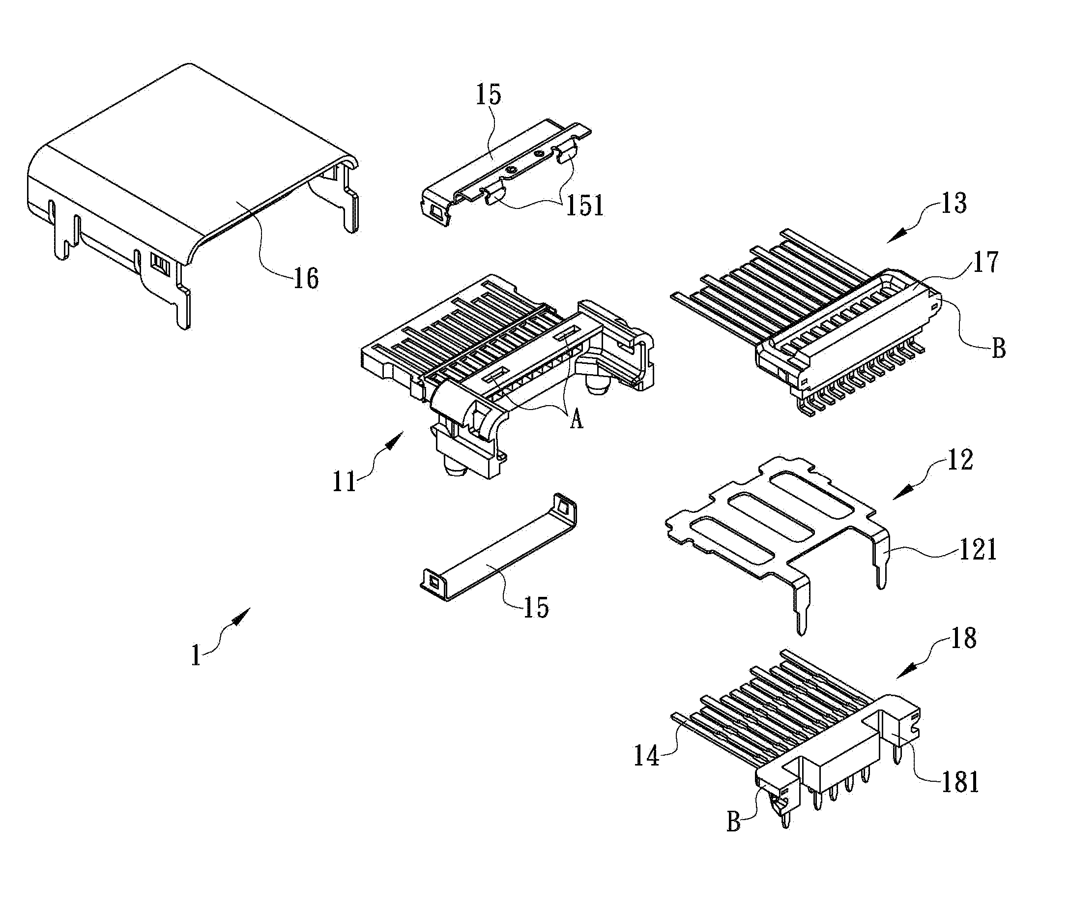 Connector having metal separating plate being fastened by tongue plate in integral formation