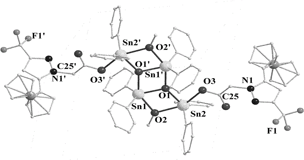 Organotin-oxygen cluster containing ferrocene pyrazole and application of cluster