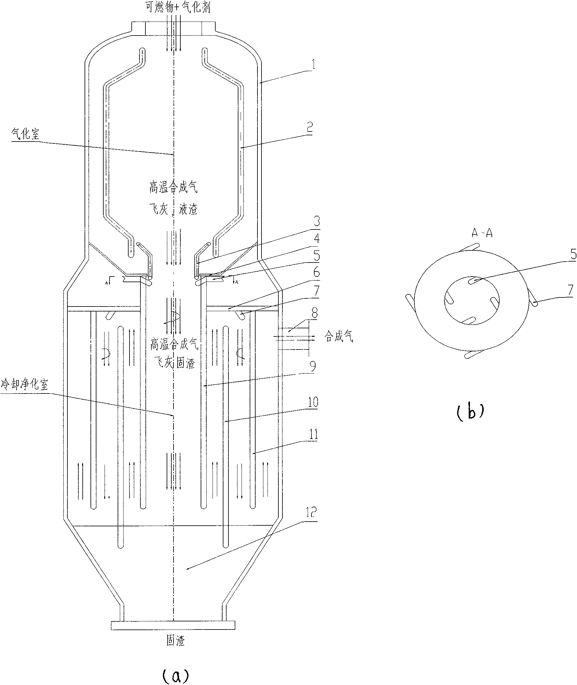 Gasification device for solid fuel and method for producing synthetic gas