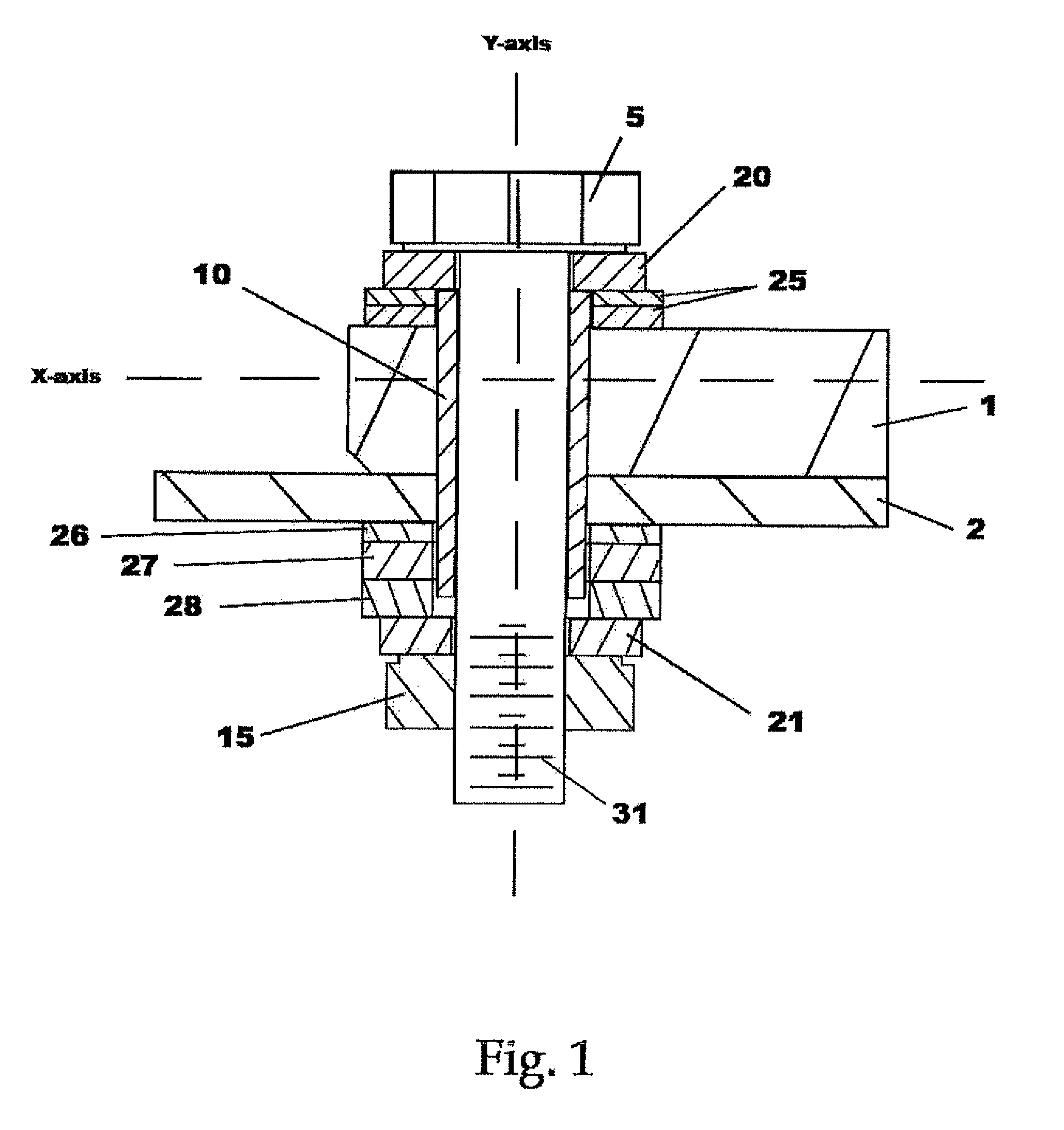 Tapered sleeve, bolt, nut and washer device