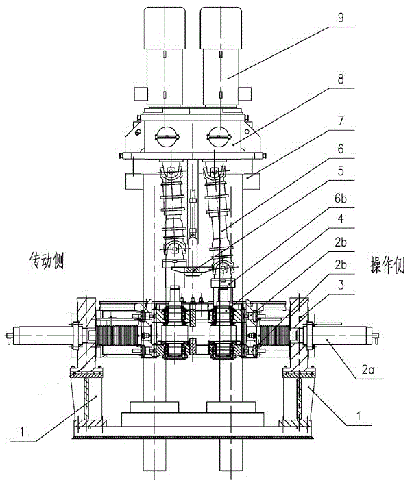 Upper drive vertical roll mill, mill layout and roll changing method