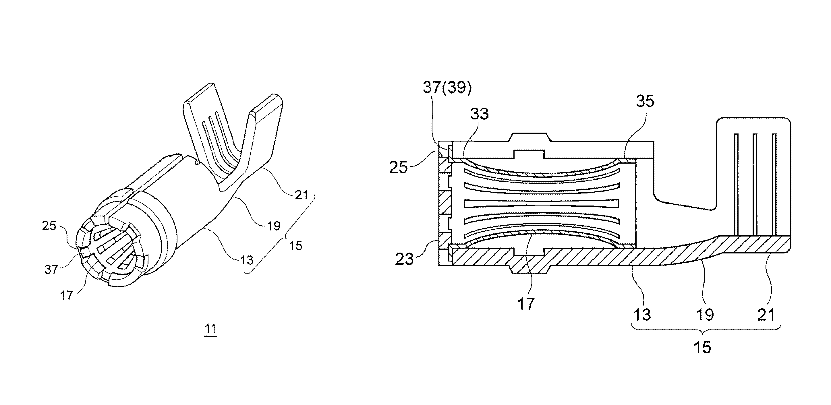 Female terminal having an elastic contact member with a plurality of curved contact portions