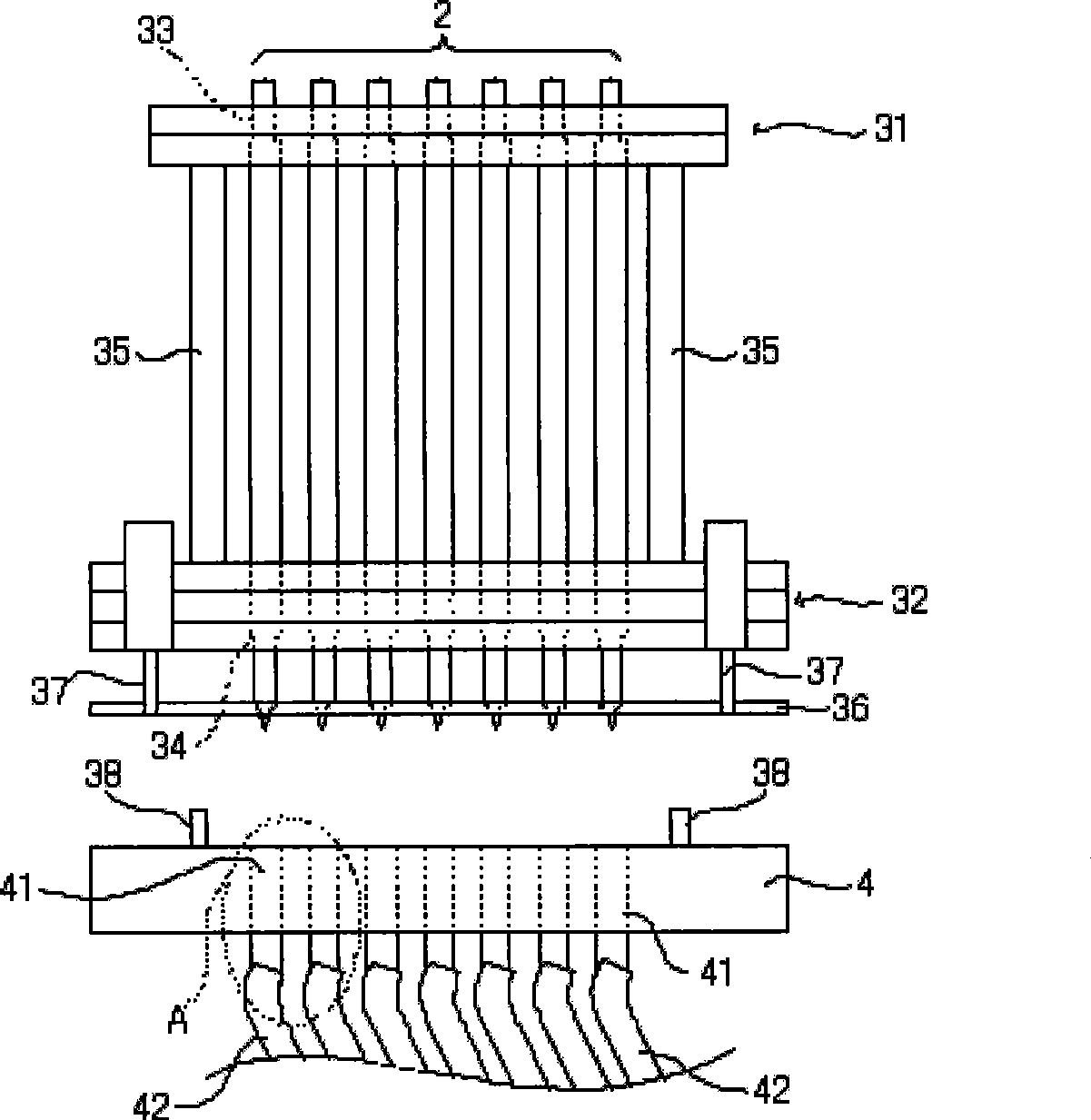 Substrate inspecting jig, and electrode structure of connecting electrode unit in the jig