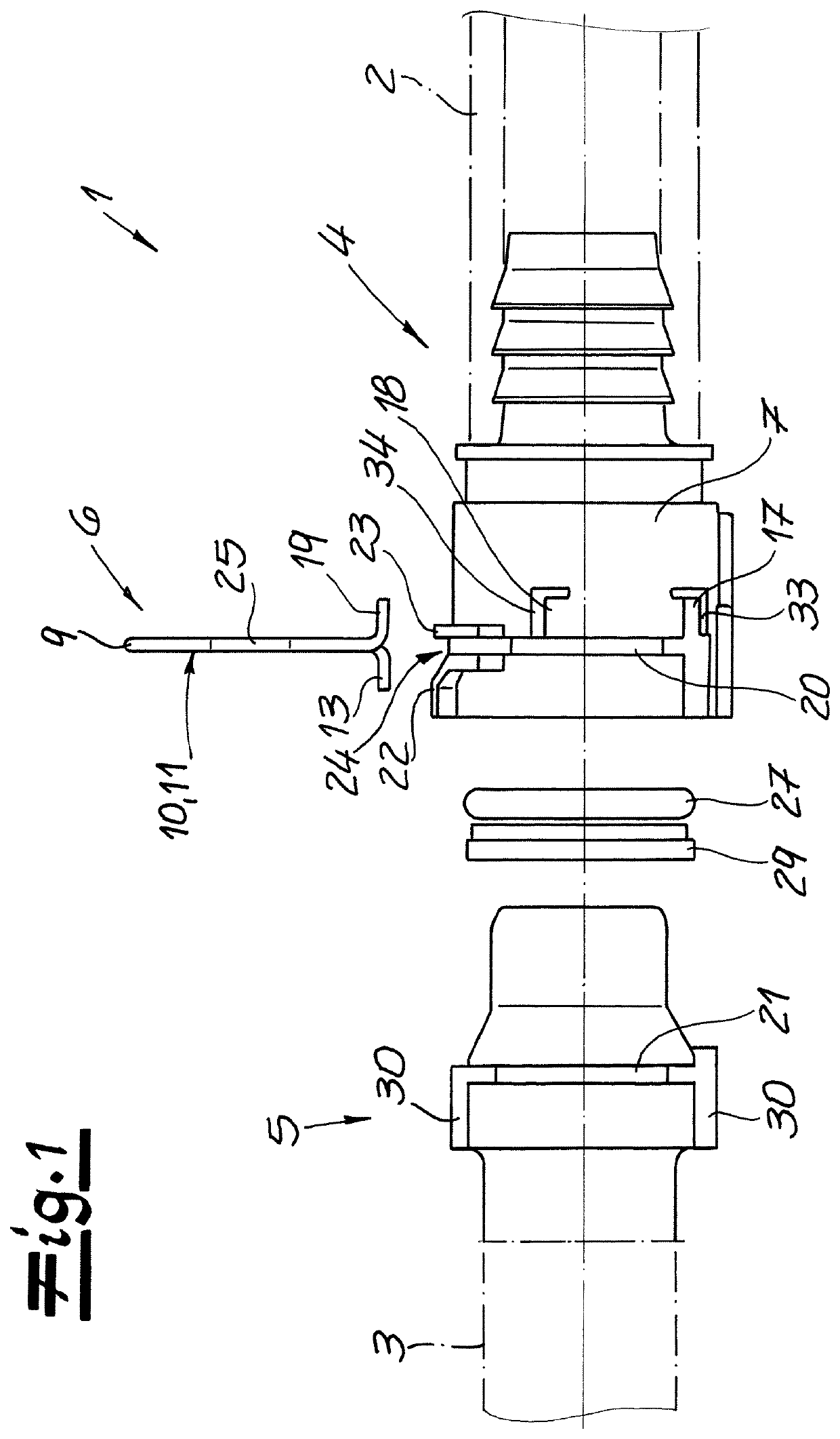 Connector for connection between two fluid-conveying elements