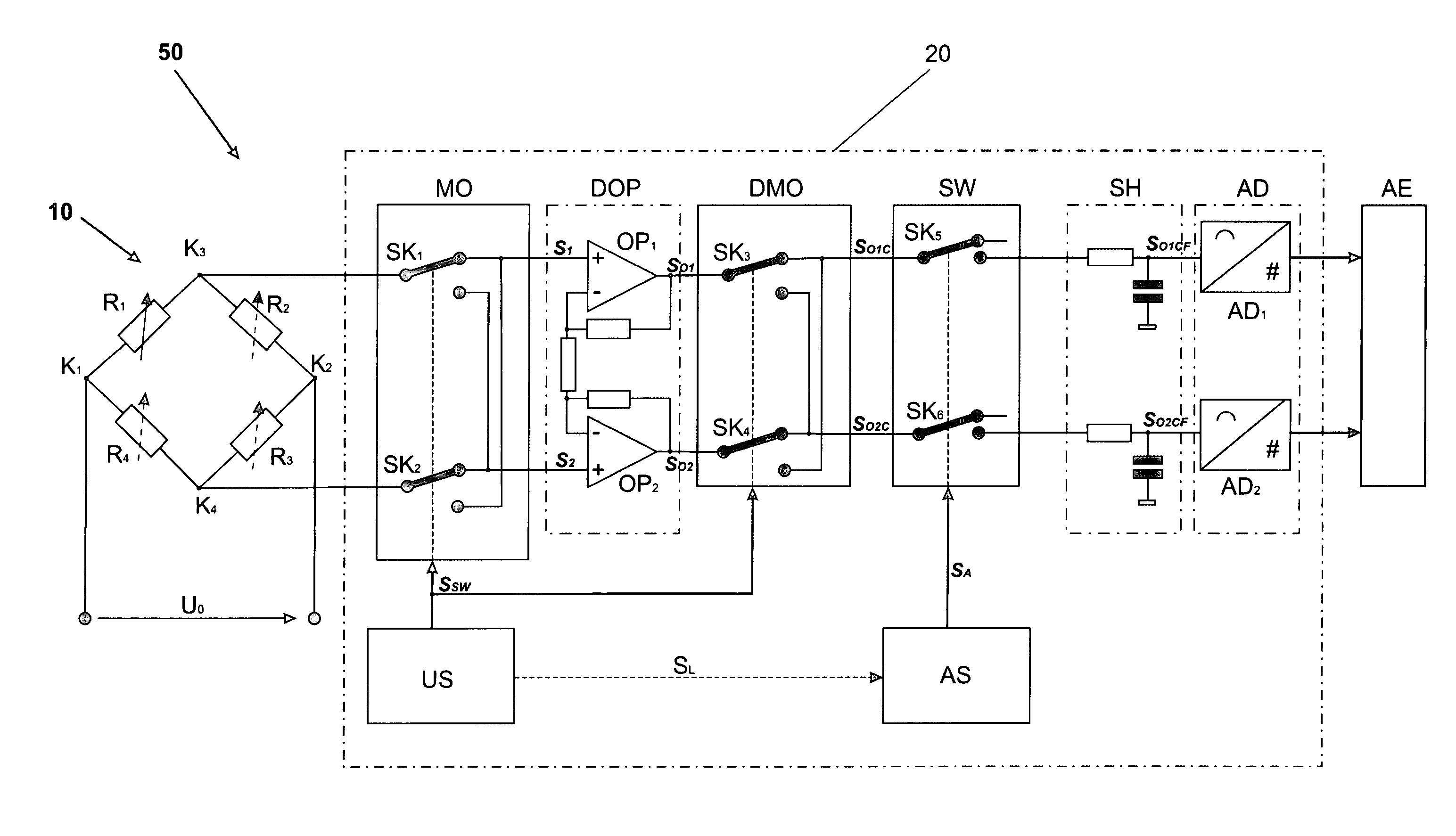 Method of correcting the output signal of an analog amplifier, amplifier module and measuring device
